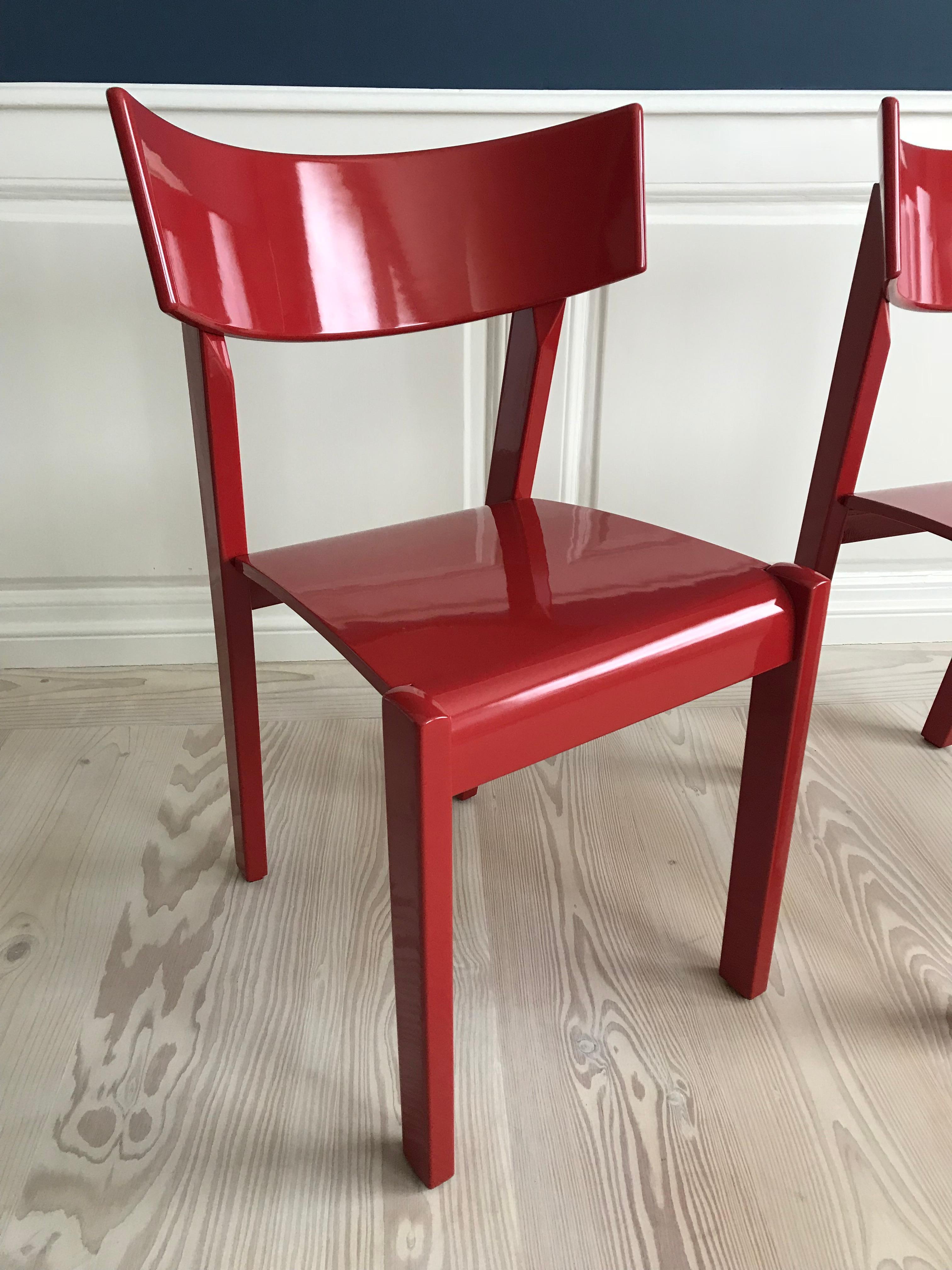 Scandinavian Modern Set of 6 Red Vintage Ralf Lindberg Dining Chairs