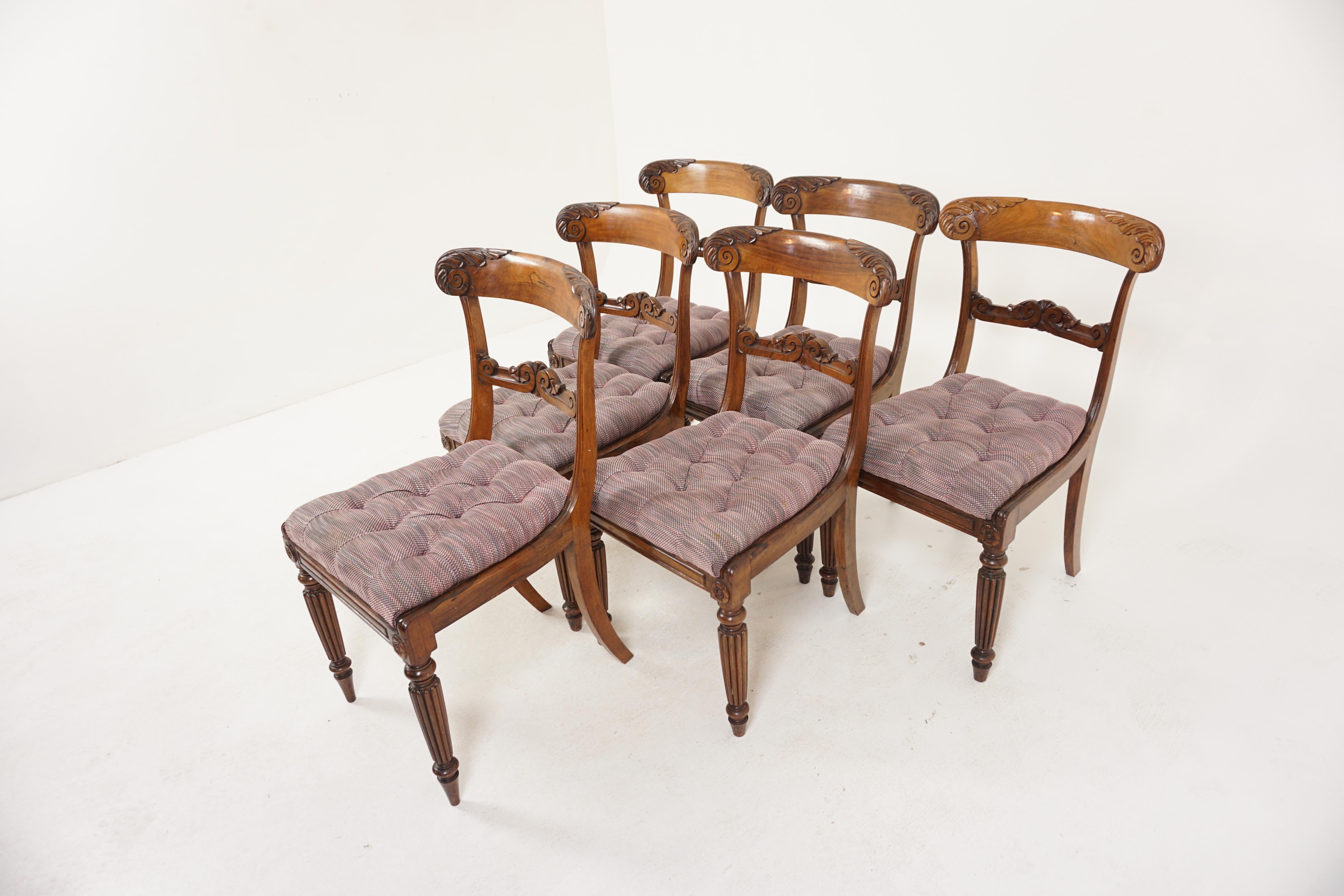 Set of 6 Regency Wood dining chairs lift-up seats, Scotland 1830, H594

Scotland 1830
Solid Wood
Original finish
Shaped carved top rail
With finely carved mid rail
Fully upholstered lift up seat
Shaped carved apron on the front
Standing on slender