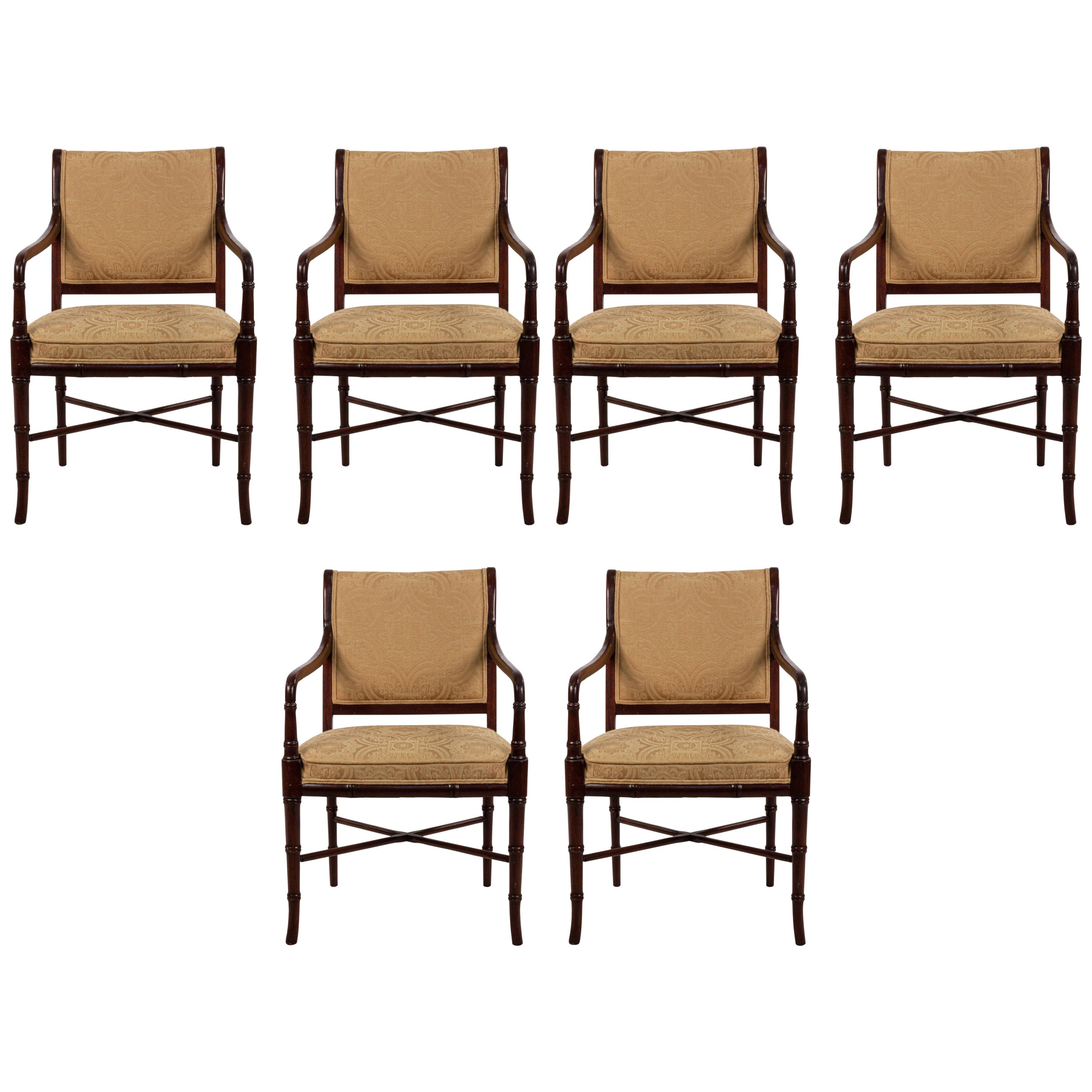 Set of 6 Regency Style Mahogany Arm Chairs with Yellow Damask Upholstery