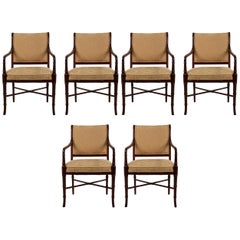 Set of 6 Regency Style Mahogany Arm Chairs with Yellow Damask Upholstery
