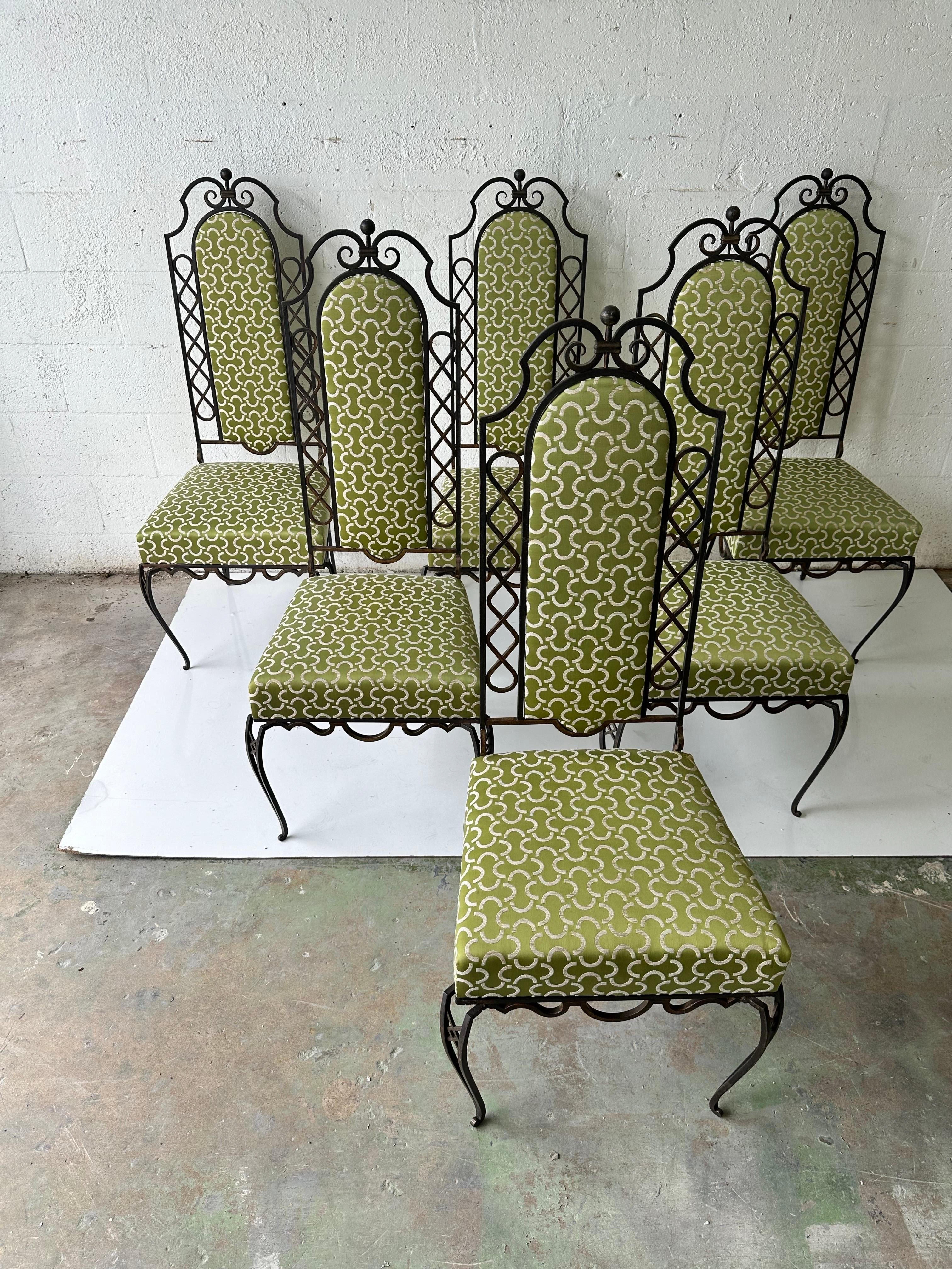 Art déco Ensemble de 6 chaises de salle à manger en fer forgé Rene Prou en vente
