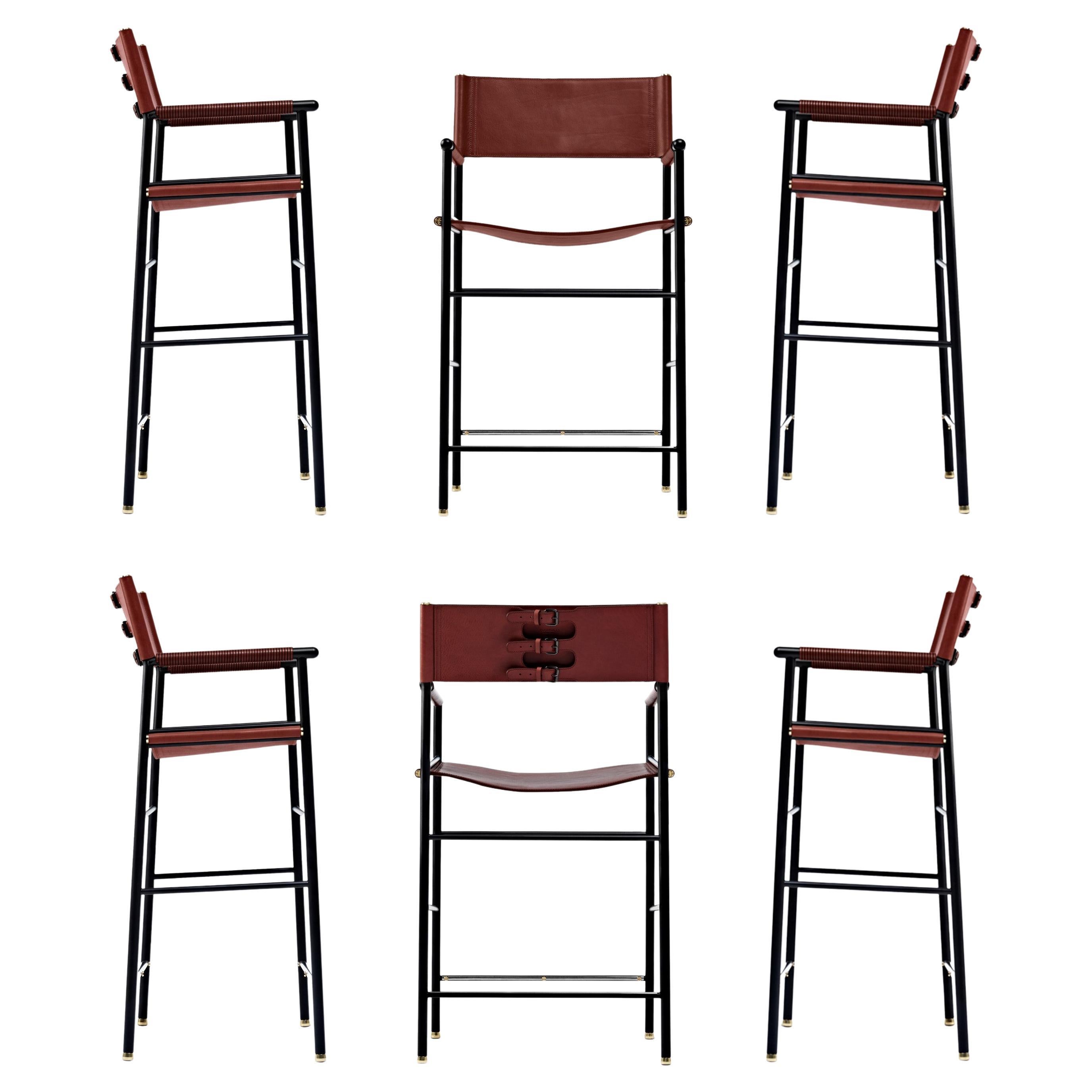 Set of 6 Artisanal Bar Stool w. Backrest Cognac Leather Black Rubber Metal Frame For Sale