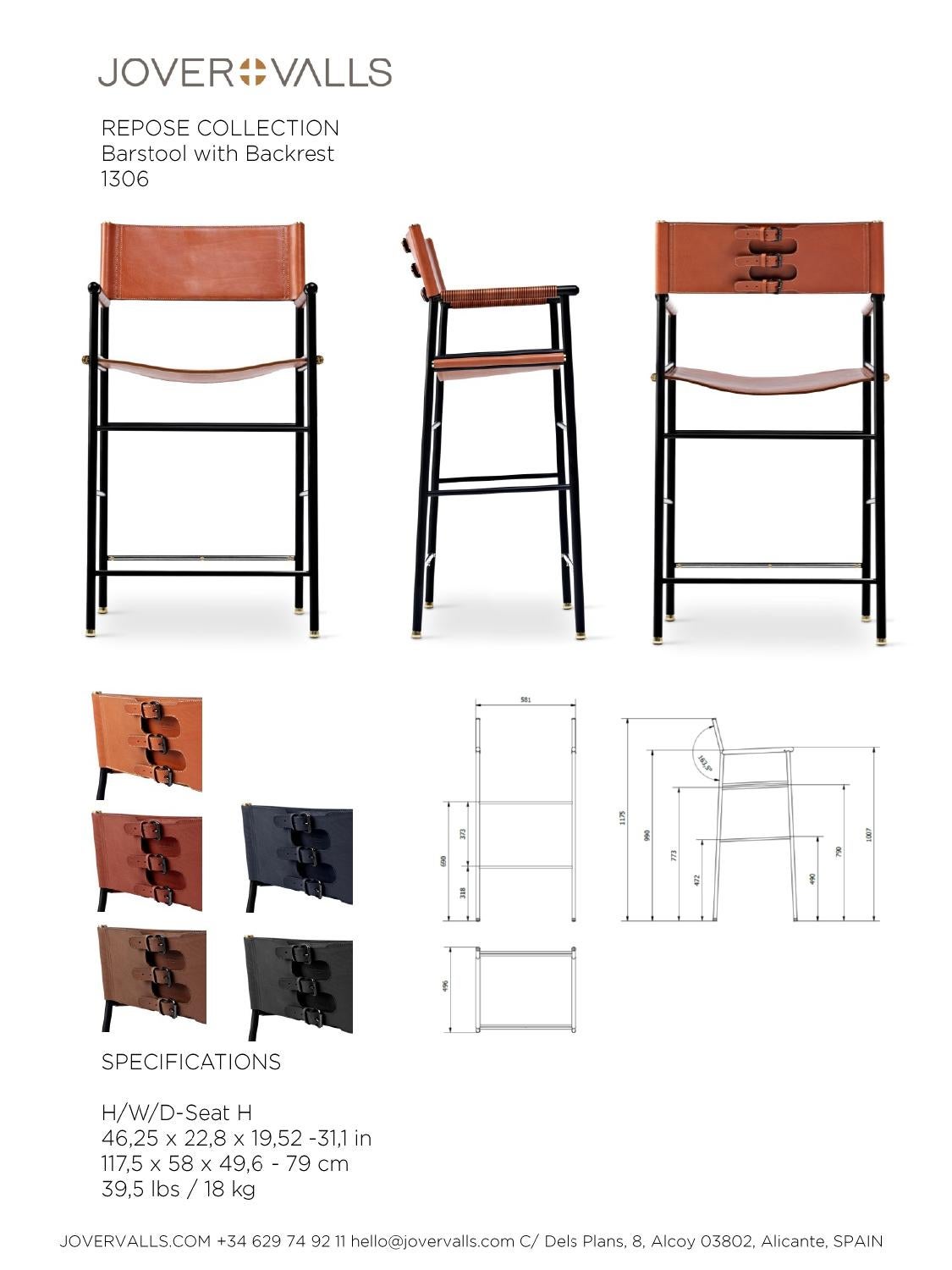 Set aus 6 Sesseln, Barhocker mit Rückenlehne aus natürlichem braunem Leder und schwarzem Gummimetall im Angebot 6