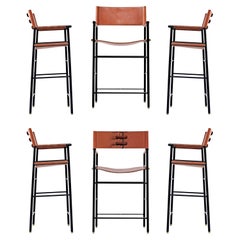 Set of 6 Armchair Bar Stool W. Backrest Natural Tan Leather & Black Rubber Metal