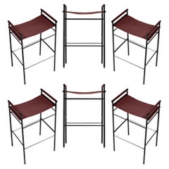 Set of 6 Classic Contemporary Barstool Cognac Leather & Black Rubber Metal 