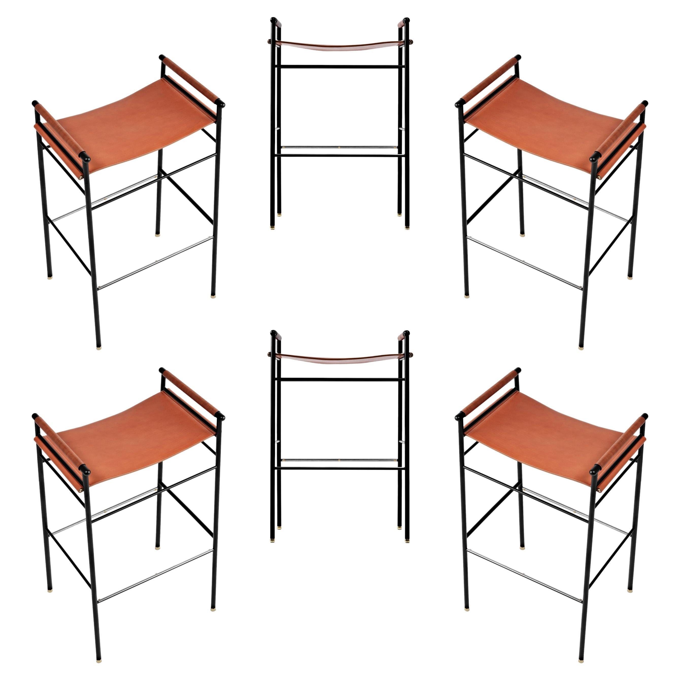 Set of 6 Contemporary Barstool Natural Tobacco Leather & Black Rubber Metal For Sale
