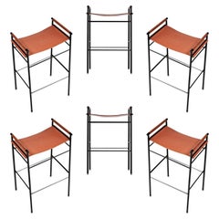 Set di 6 sgabelli da bar contemporanei in pelle naturale tabacco e metallo nero gomma
