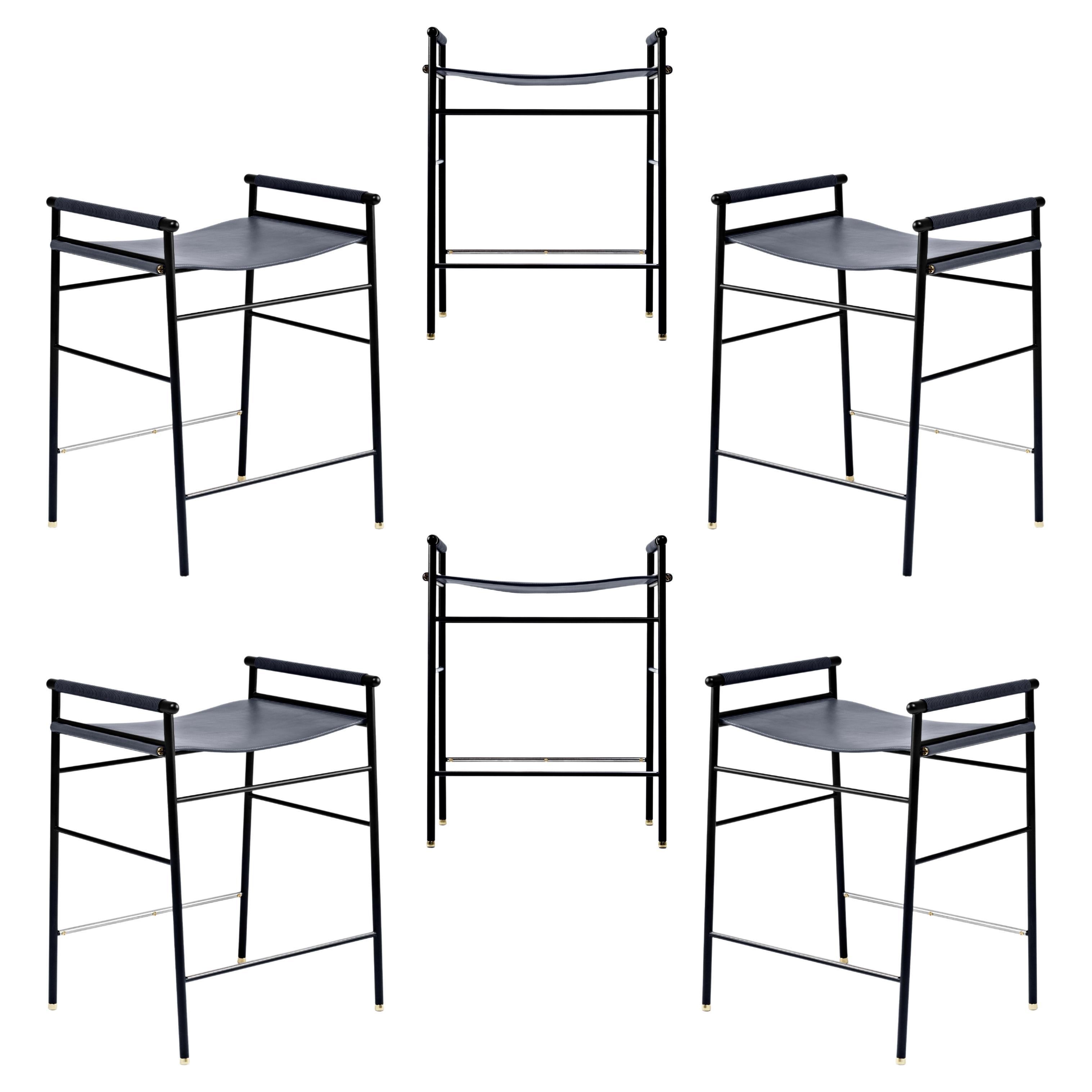 Set of 6 Artisan Contemporary Counter Stool Navy Blue Leather Black Rubber Metal For Sale