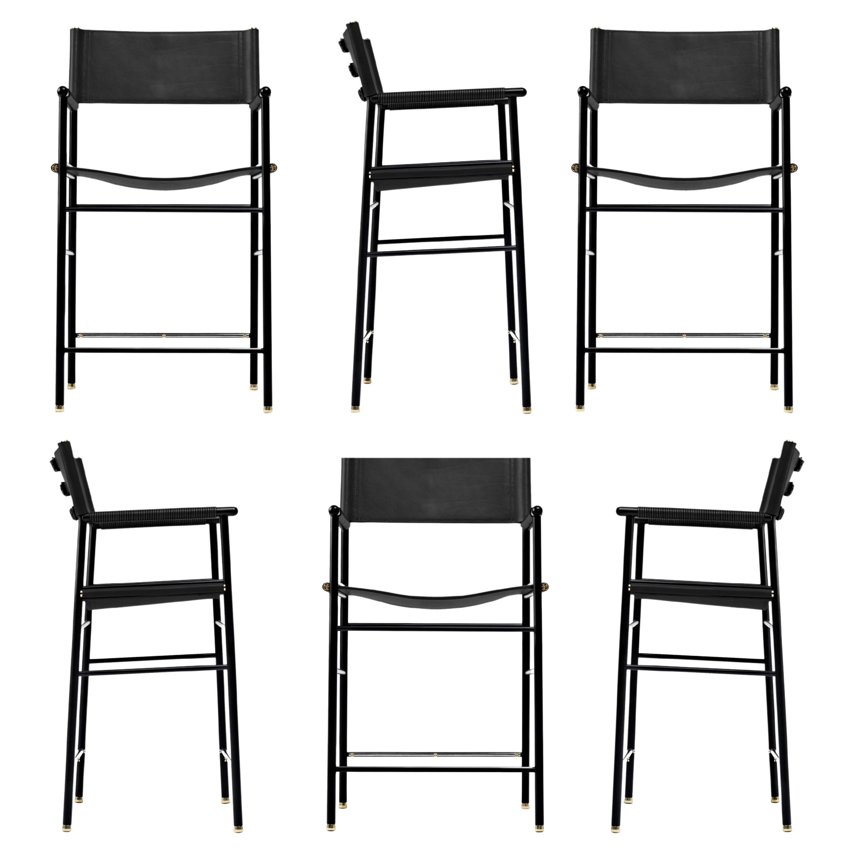 Set of 6 Contemporary Counter Stool w Backrest Black Leather, Black Rubber Metal For Sale