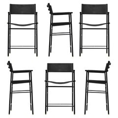 Set of 6 Contemporary Counter Stool w Backrest Black Leather, Black Rubber Metal