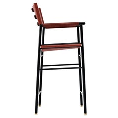 Set of 6 Counter Bar Stool w. Backrest Cognac Leather & Black Rubber Metal