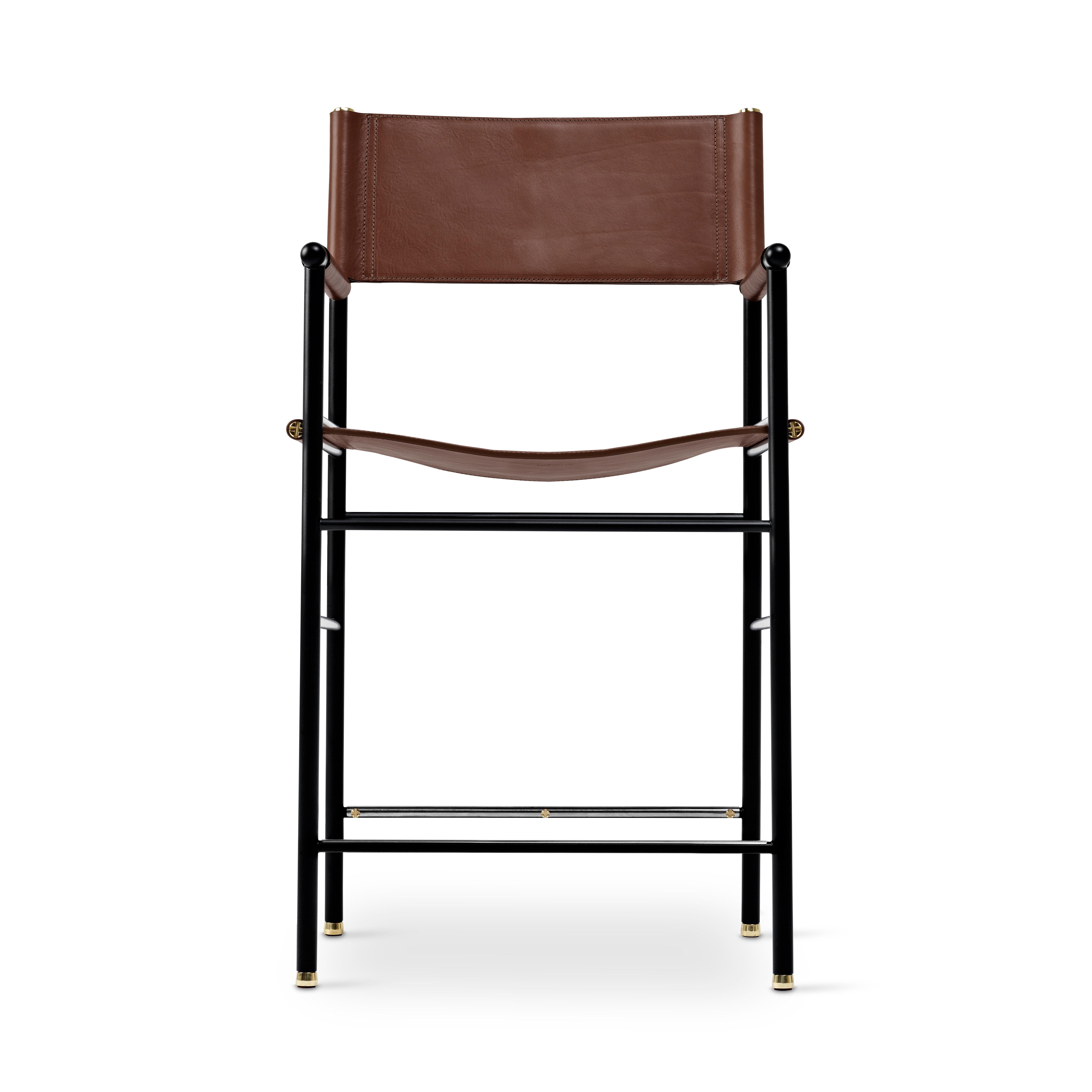 Modern Set of 6 Counter Stool with Backrest Dark Brown Leather & Black Rubbered Metal For Sale