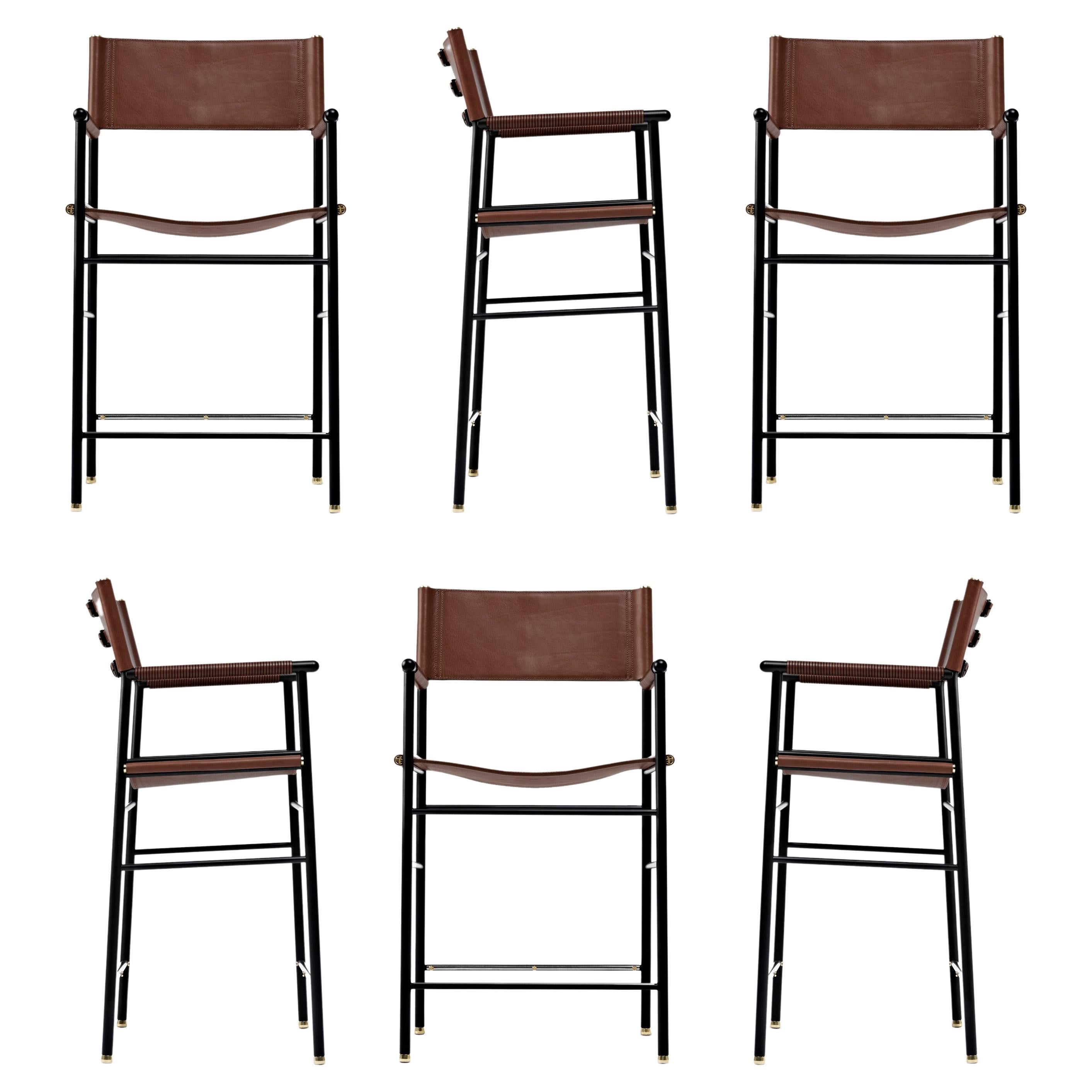 Set of 6 Counter Stool with Backrest Dark Brown Leather & Black Rubbered Metal For Sale