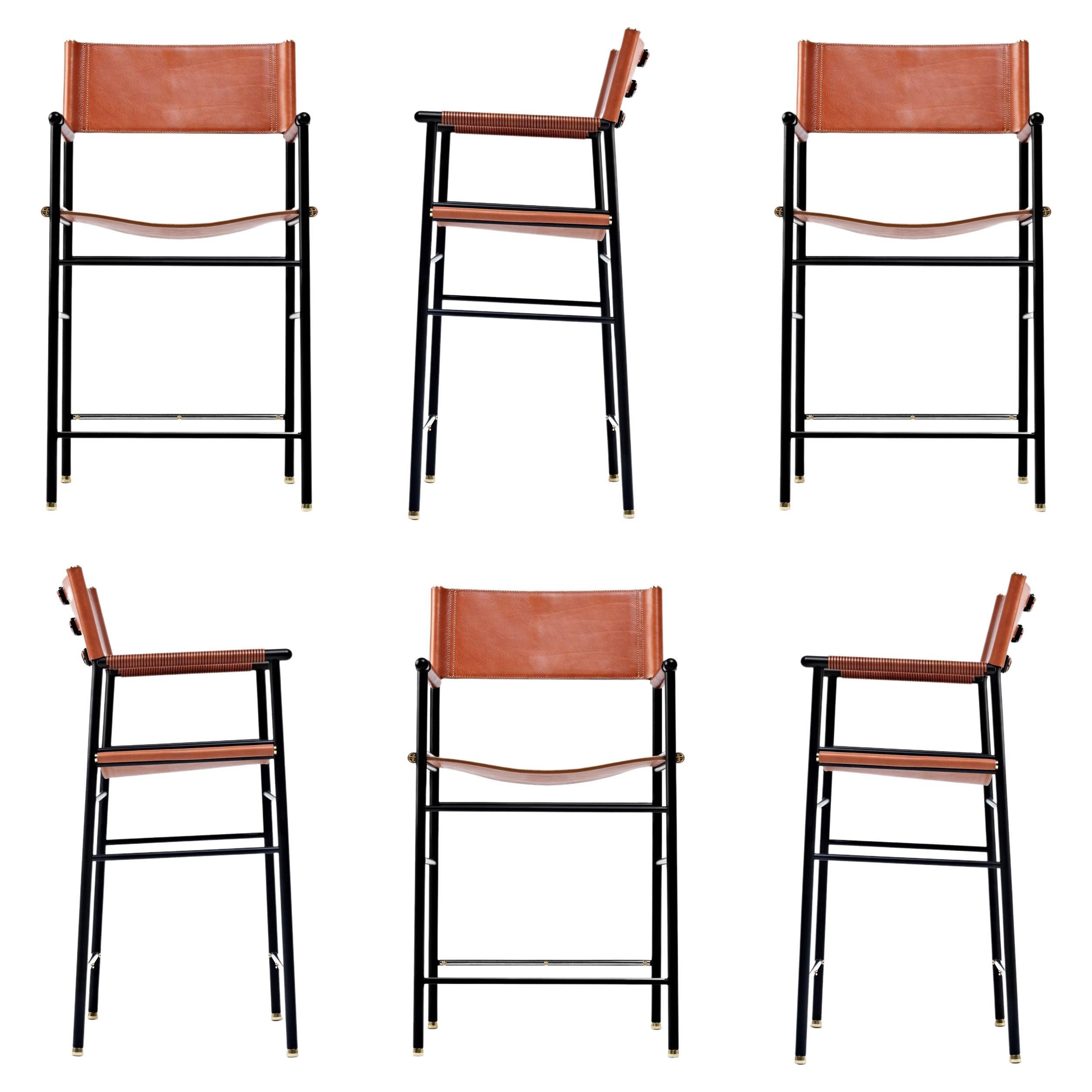 Set of 6 Counter Barstool w. Backrest Natural Tan Leather & Black Rubbered Metal For Sale