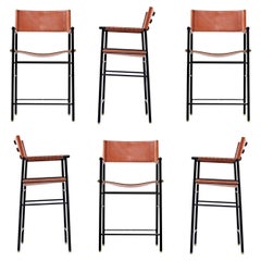 Set of 6 Counter Barstool w. Backrest Natural Tan Leather & Black Rubbered Metal