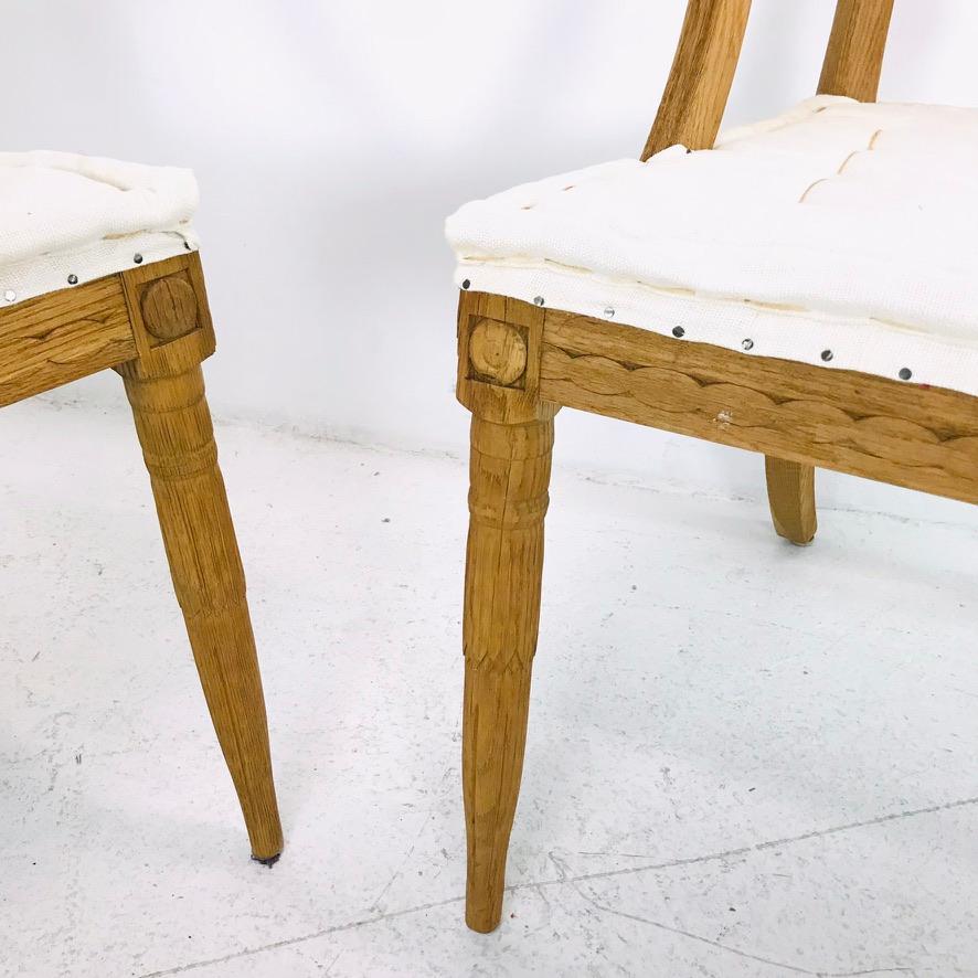 Classic set of 6 demi-lune Gustavian style dining chairs from Restoration Hardware. Front columnar legs are tapered; back legs are saber-style. Deep seat and curved back are padded for comfort in Belgian Linen Fabric.