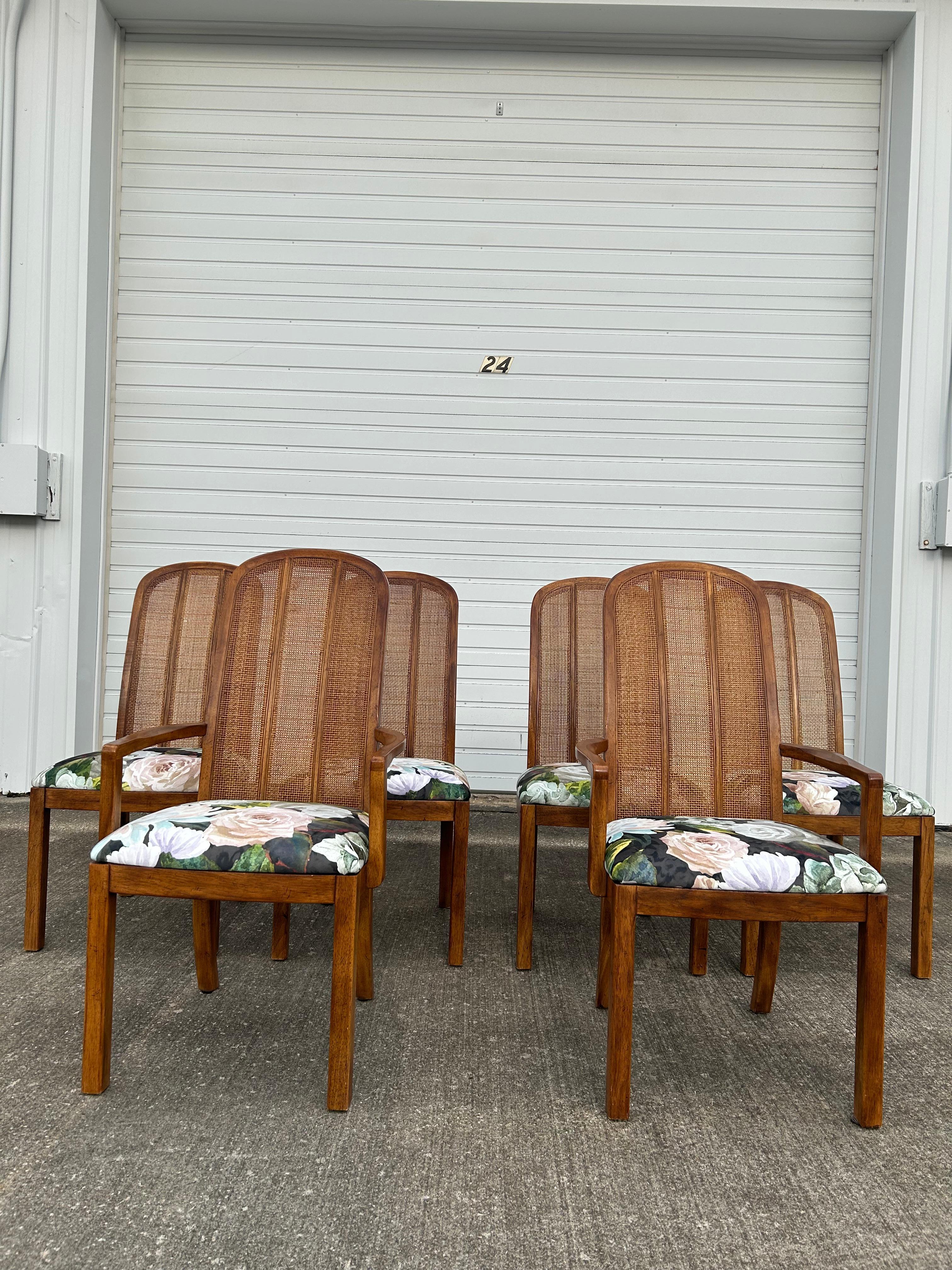 Set of 6 Drexel Passage dining chairs, 4 side chairs and 2 armchairs included. These are recently reupholstered by Copley Upholstery in a high-end JF Fabrics velvet floral fabric 