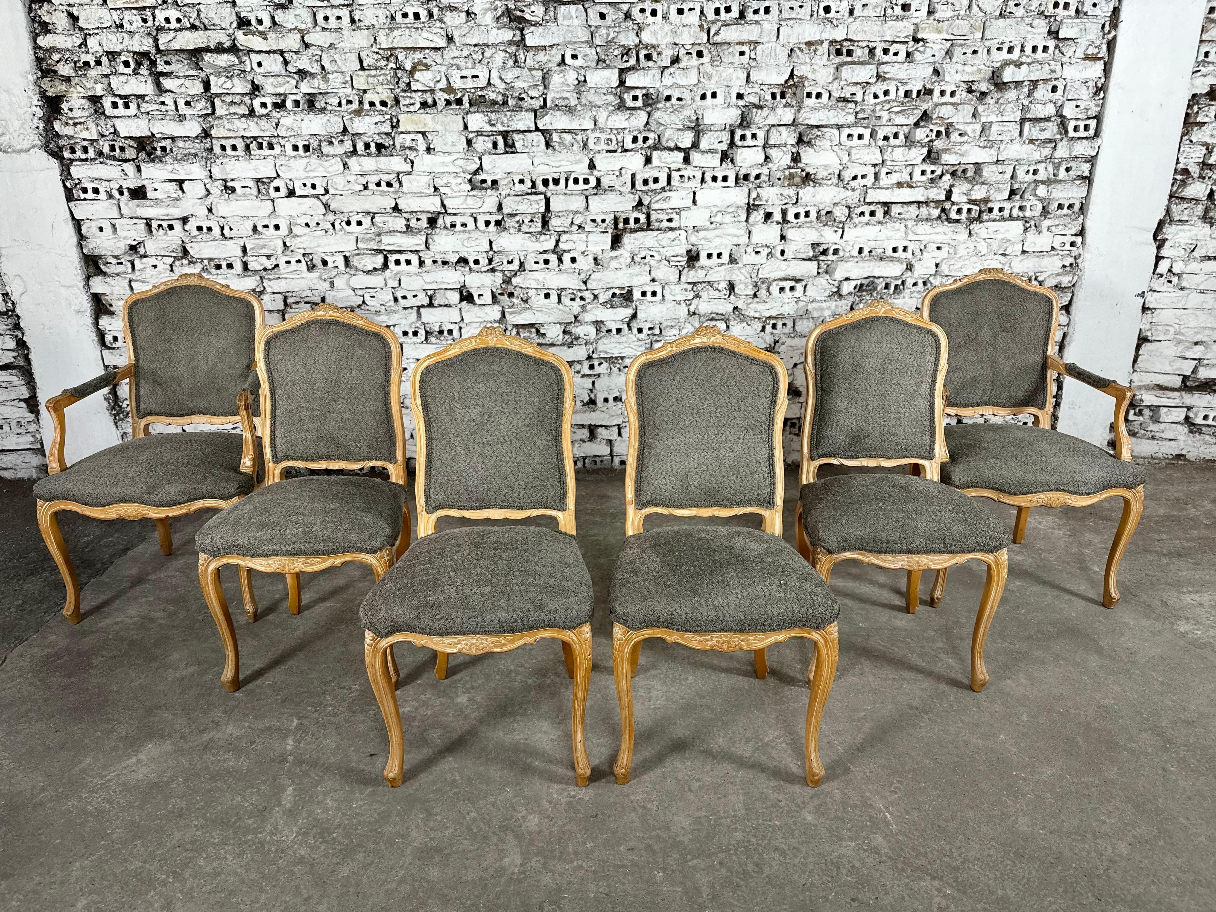 Bouclé Set of 6 Reupholstered French Louis XV Dining Chairs