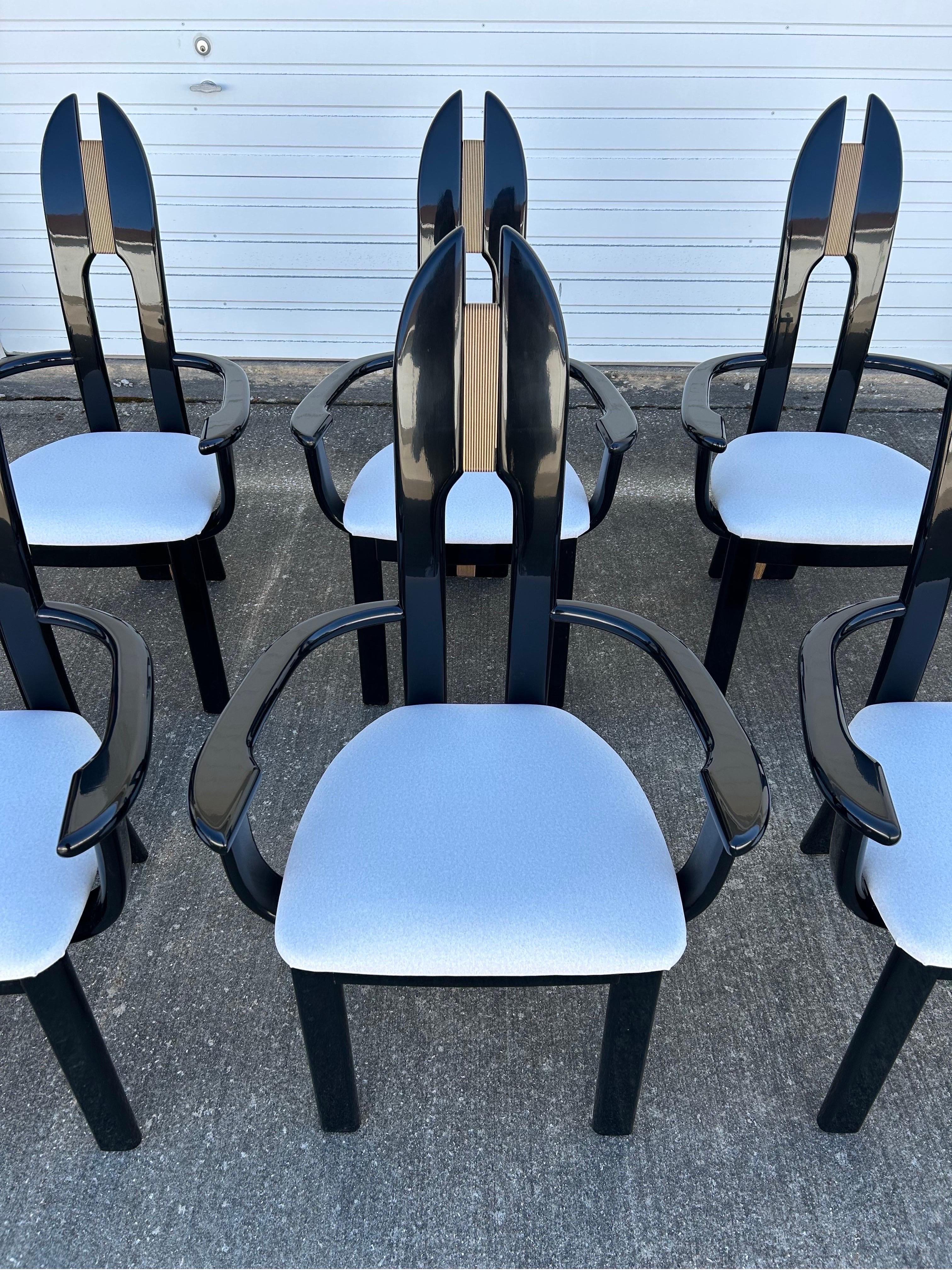 Set of 6 Italian Avant Garde Dining Armchairs by Pietro Costantini. These chairs are reupholstered in JF Fabrics “Woolish” fabric. It is a soft velvet with a faux wool look, finished with a FibreGaurd stain free technology. The beach wood frames are