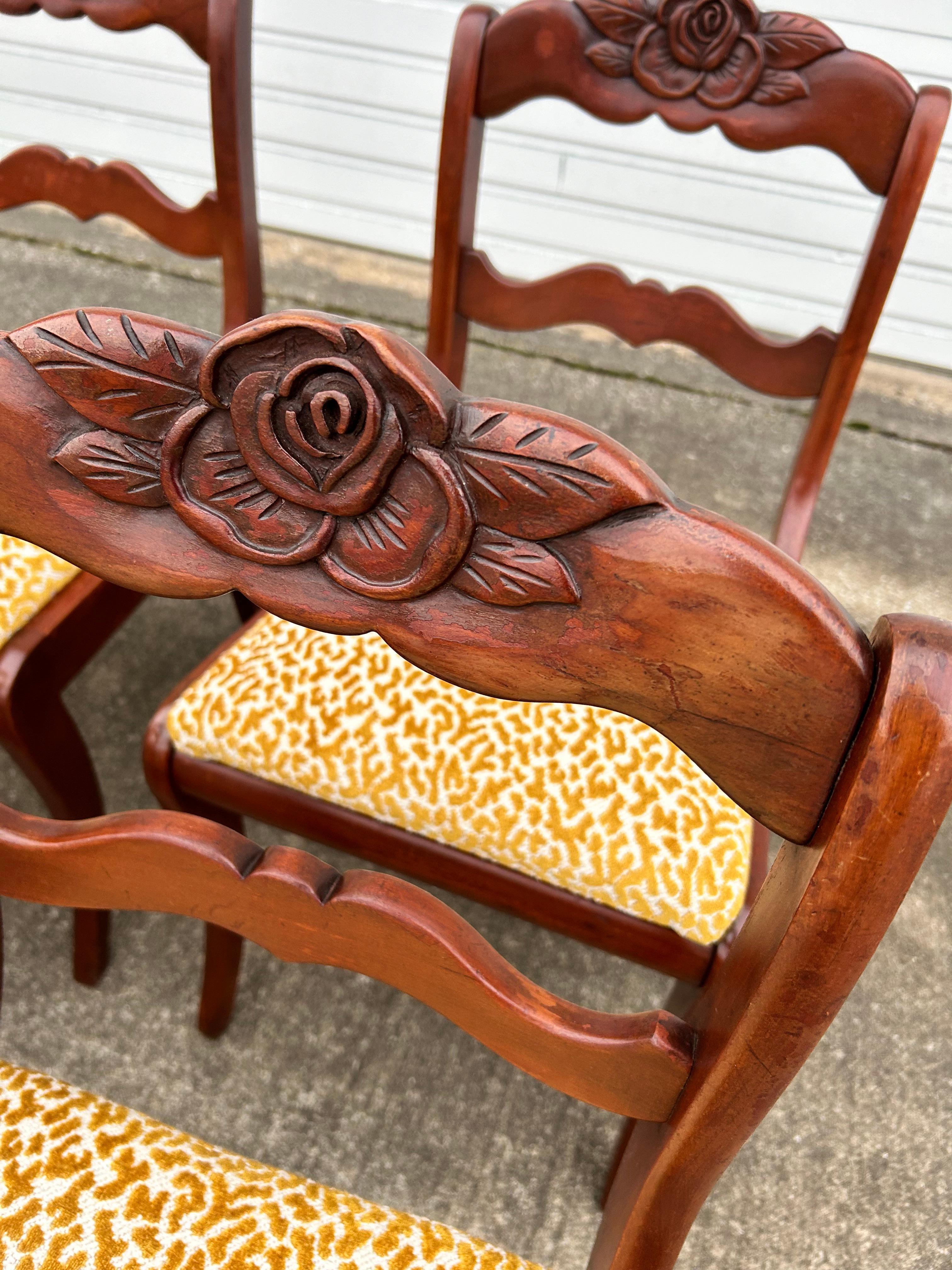 Set of 6 Reupholstered Mahogany Carved Rose Back Dining Chairs For Sale 4