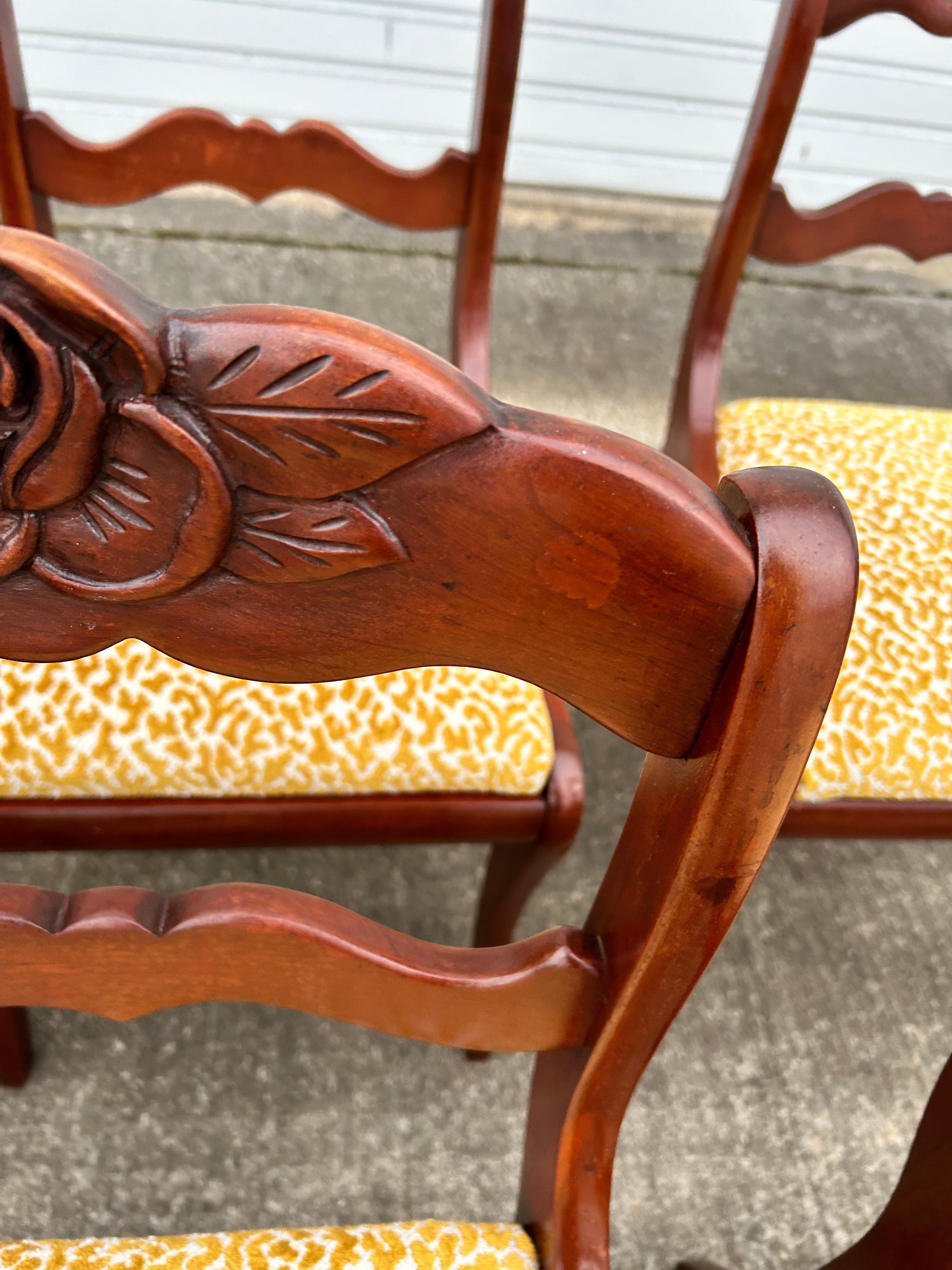 Set of 6 Reupholstered Mahogany Carved Rose Back Dining Chairs For Sale 5