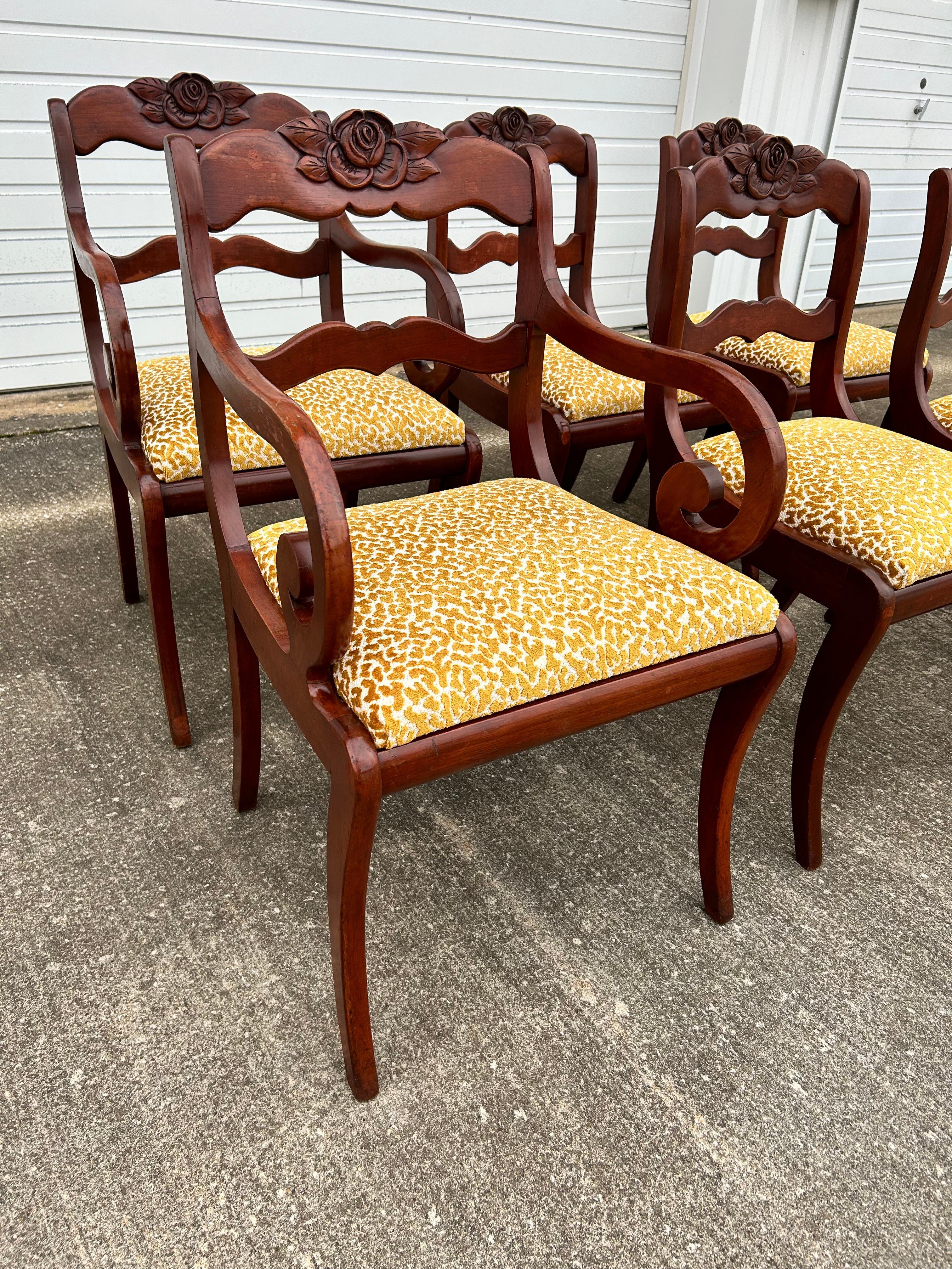 Set of 6 Reupholstered Mahogany Carved Rose Back Dining Chairs. Reupholstered in an abstract luxurious gold velvet by Manuel Canovas from Colefax and Fowler. Frames are in good condition, please see photos. The perfect vintage set to add to your