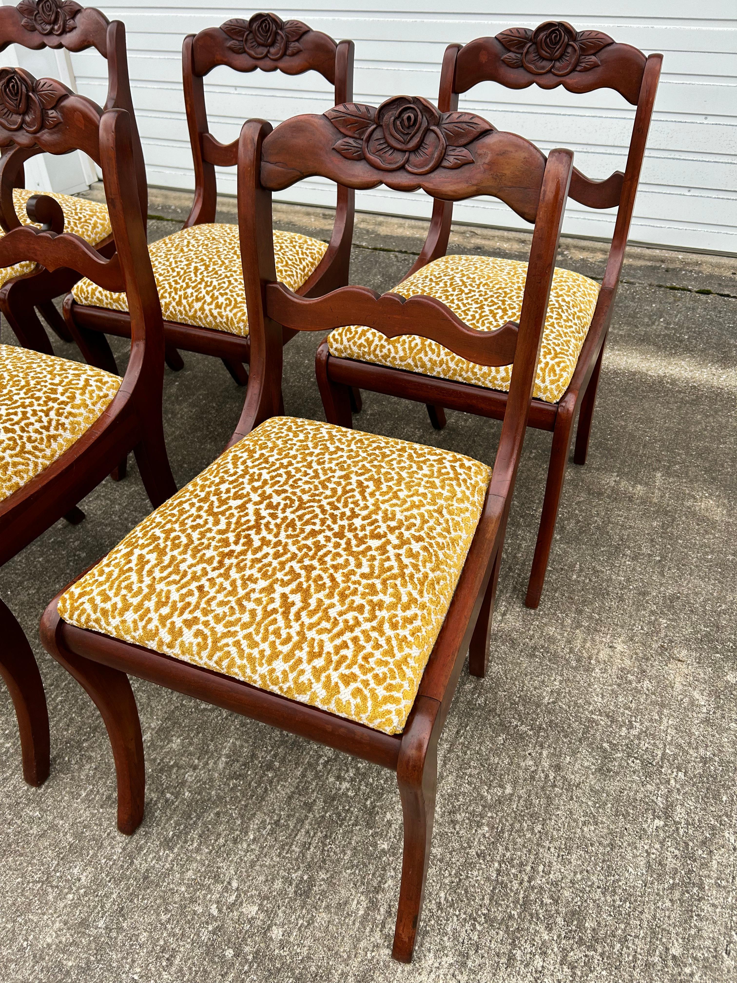 Set of 6 Reupholstered Mahogany Carved Rose Back Dining Chairs In Good Condition For Sale In Medina, OH