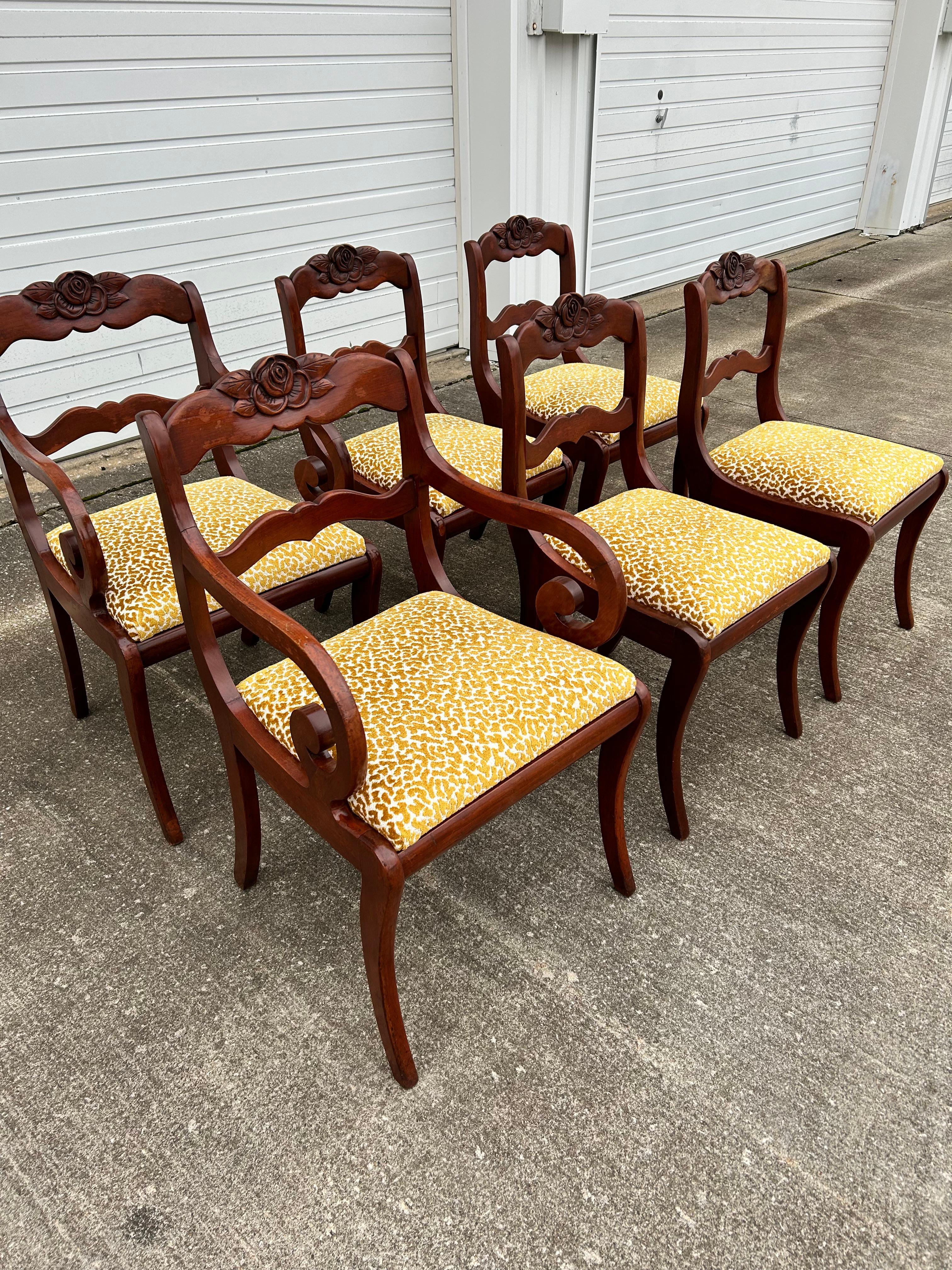 Fabric Set of 6 Reupholstered Mahogany Carved Rose Back Dining Chairs For Sale