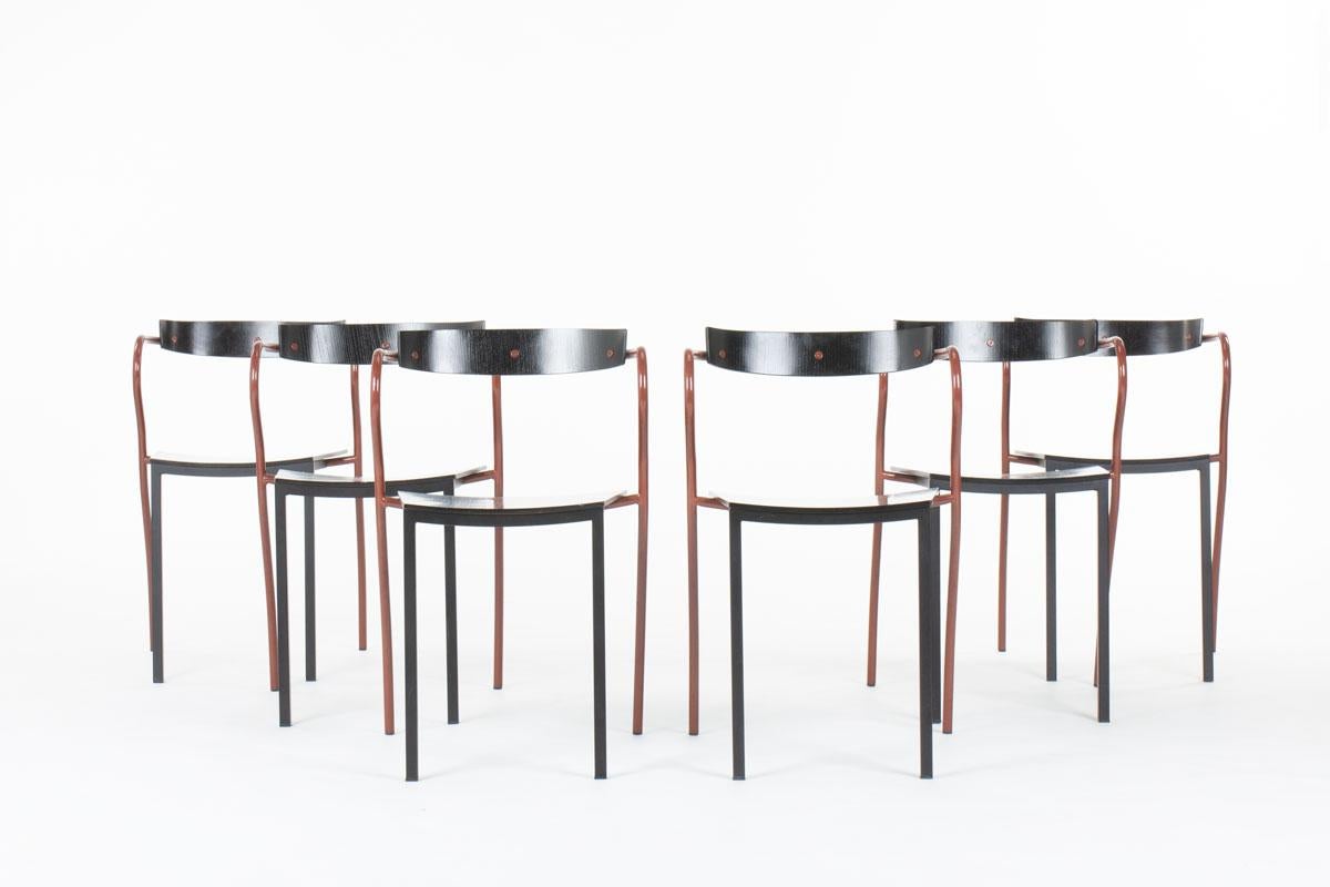 Set of 6 chairs made by Pascal Mourgue for Artelano in 1991
Rio model
It's composed of a lacquered metal base, a seat, and a back in black curved plywood. The backrest fits the shape of the back perfectly. 
Elegant model


