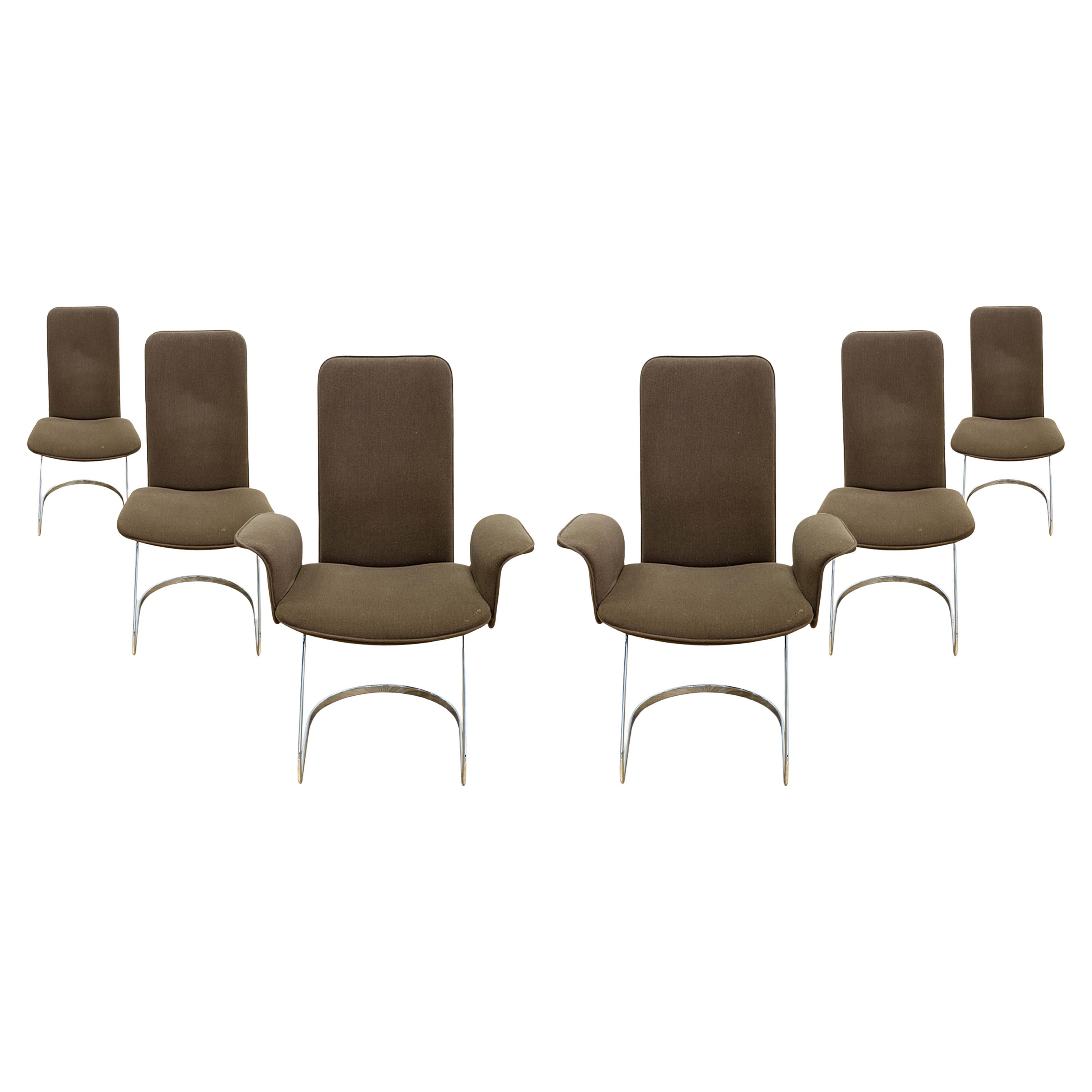 6er-Set Robert Haussmann für De Sede RH-320 Braune Mohair & Chrom Esszimmerstühle