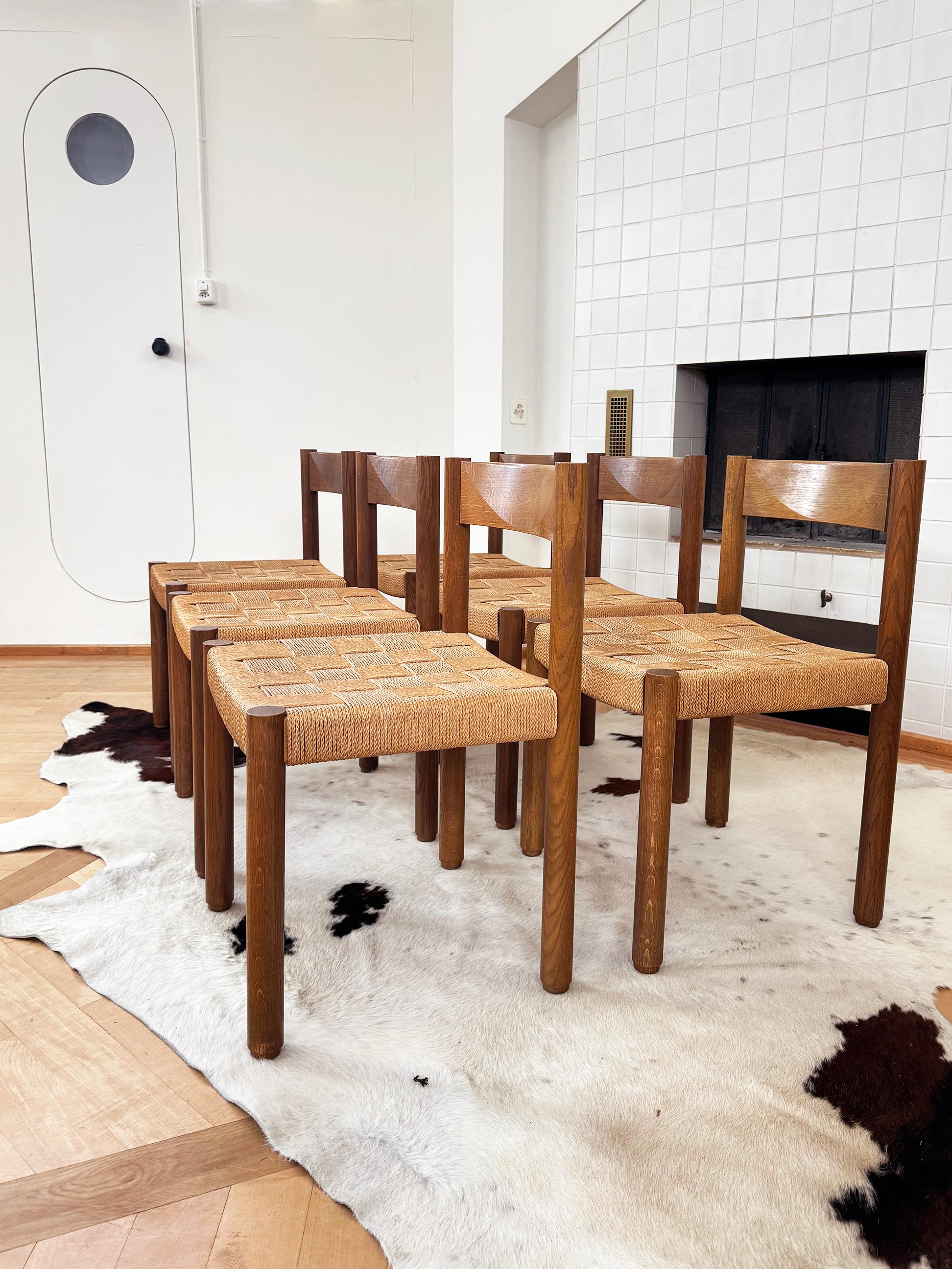 Mid-Century Modern Set of 6 Robert + Trix Haussmann Tiger Oak + Woven Rope Modwl 6200 Chairs- 6 pcs For Sale