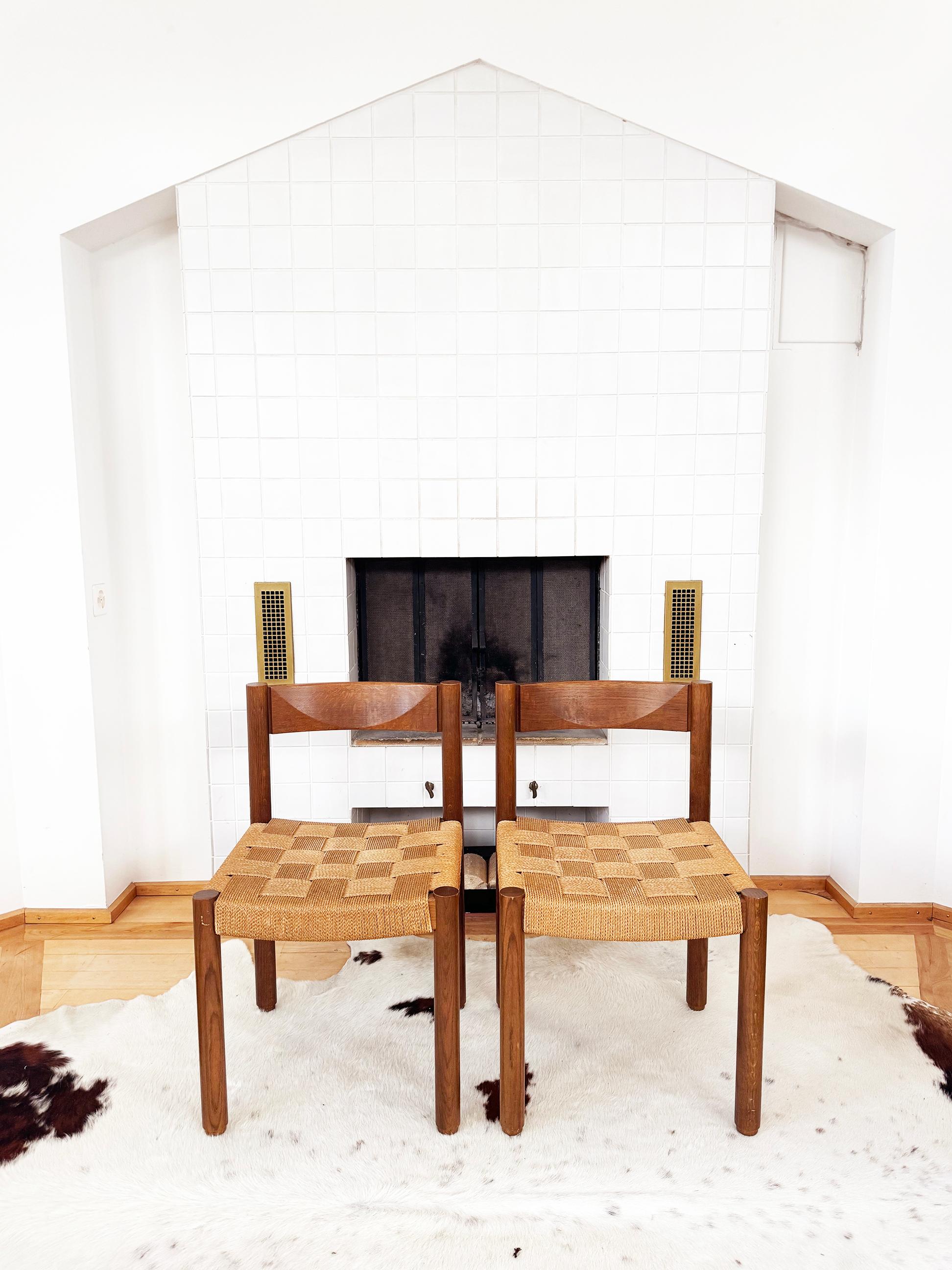 Swiss Set of 6 Robert + Trix Haussmann Tiger Oak + Woven Rope Modwl 6200 Chairs- 6 pcs For Sale