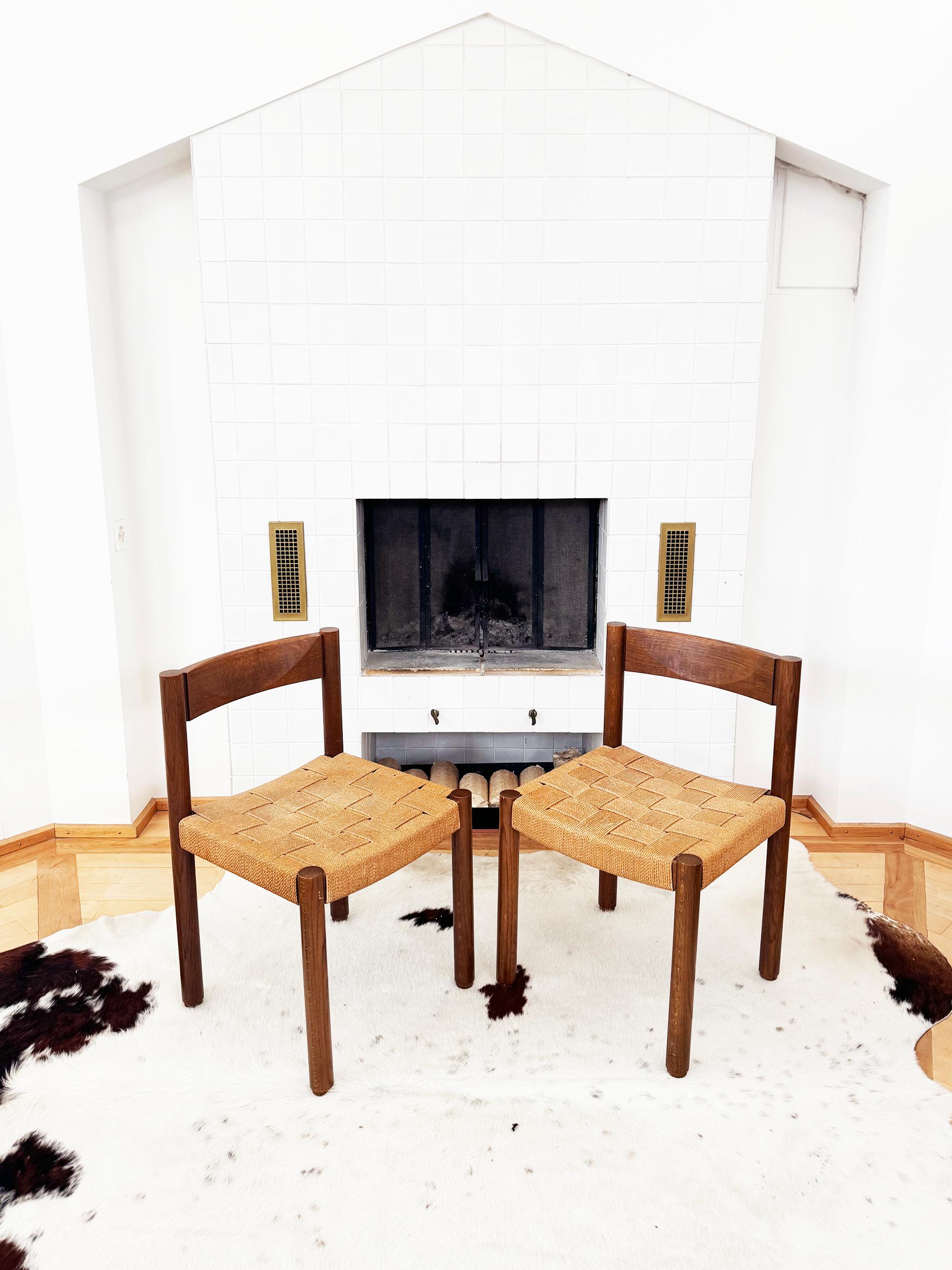 Mid-20th Century Set of 6 Robert + Trix Haussmann Tiger Oak + Woven Rope Modwl 6200 Chairs- 6 pcs For Sale