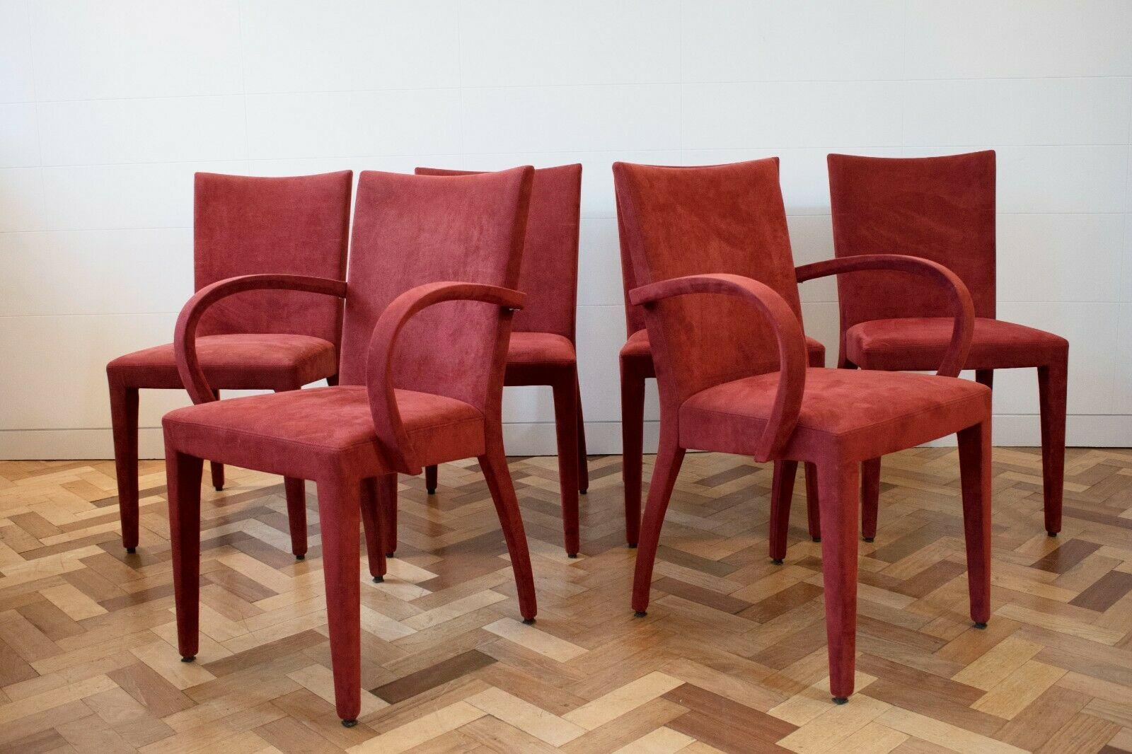 Modern Roche Bobois Red Suede Dining Chairs, Set of 6 
