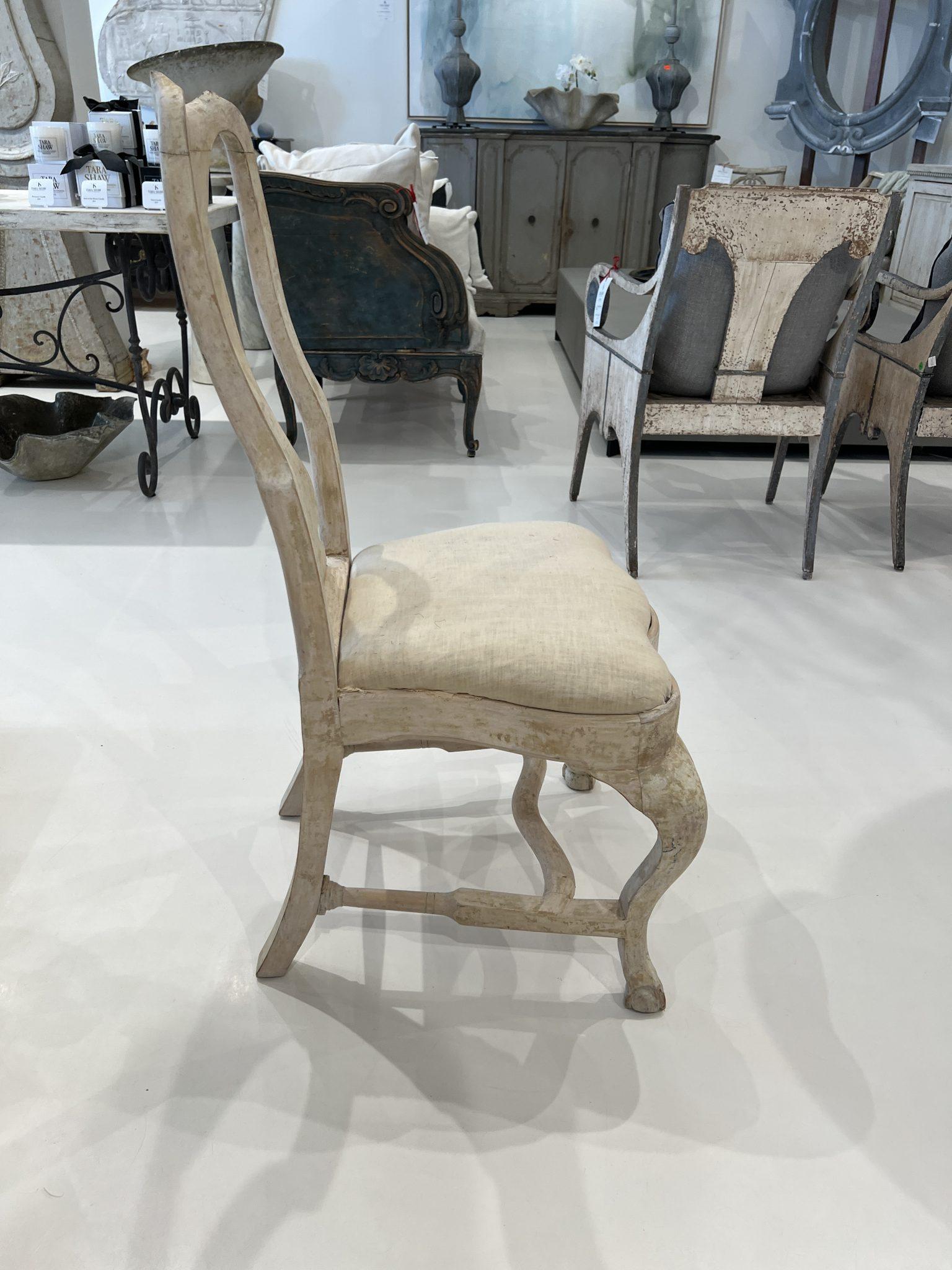 Fine set of 6 Rococo chairs with a white washed finish. Seats are covered in basic fabric that may need to be re-upholstered if desired.