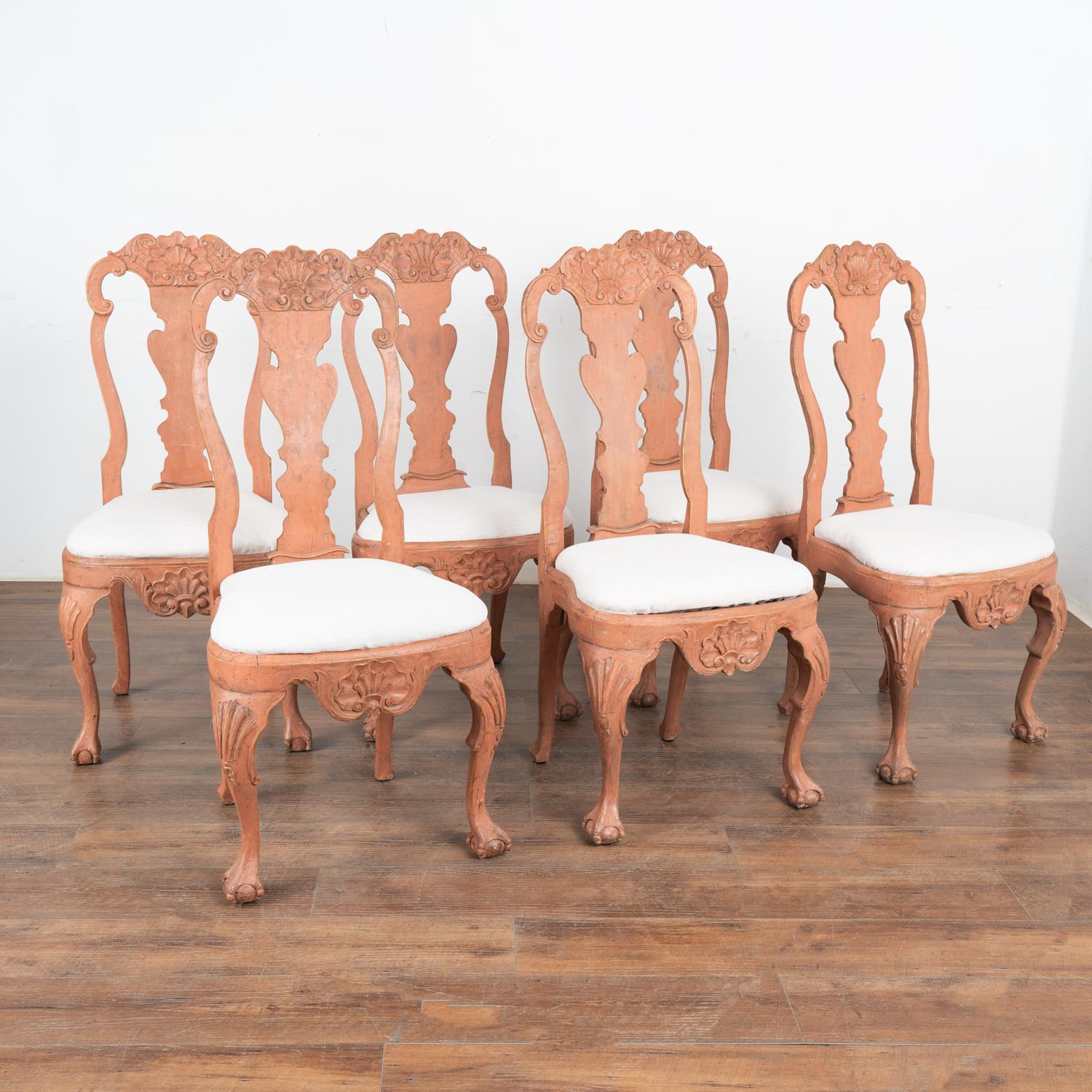 Set of 6 lovely Swedish rococo dining chairs with curved cabriolet legs and carved accents. 
Newer professionally applied custom layered salmon painted finish with pink undertones has been lightly rubbed and perfectly distressed to fit the age of