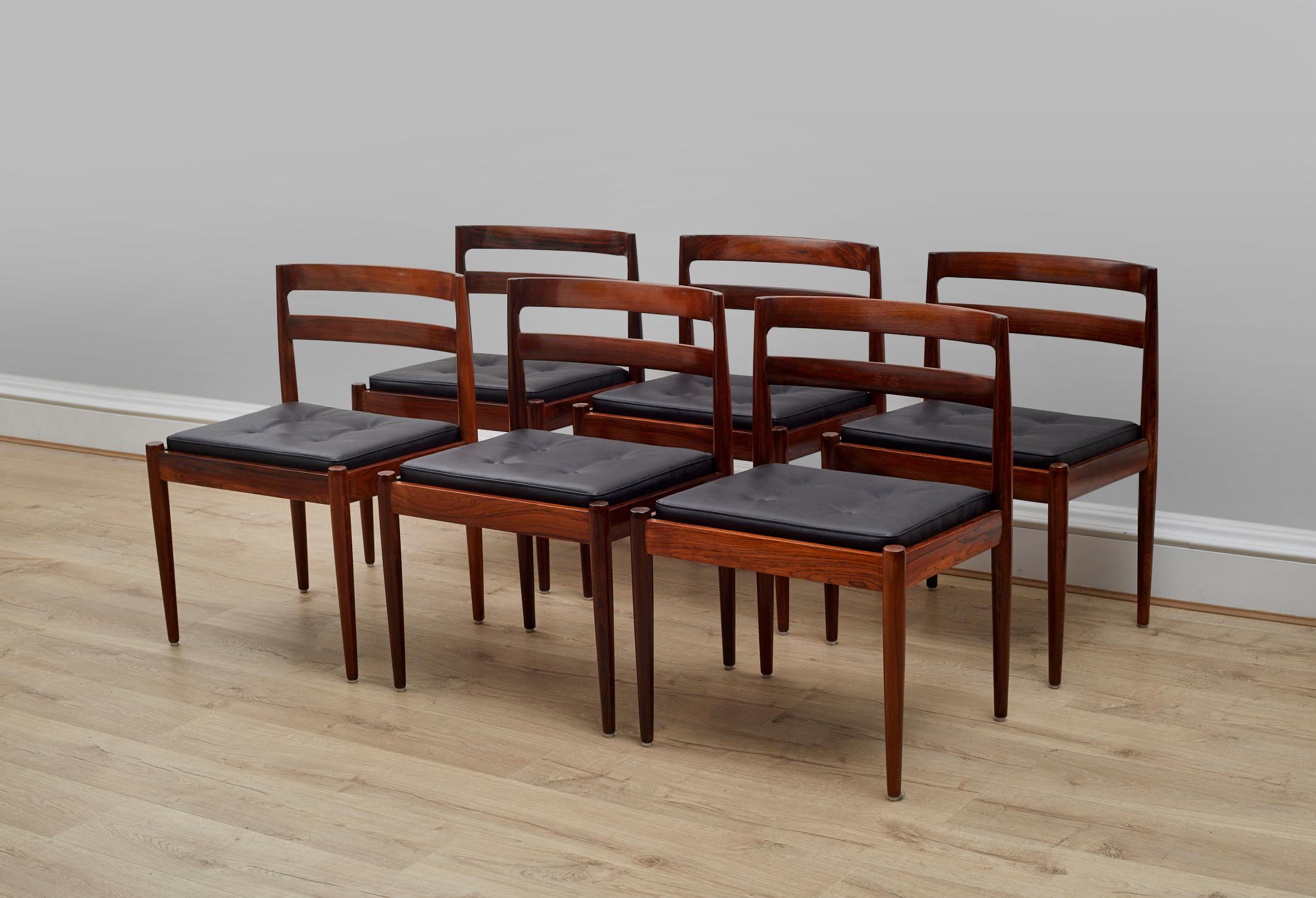Mid-Century Modern Set of 6 Rosewood Black Leather Danish Dining chairs, 1960s by Kai Kristiansen