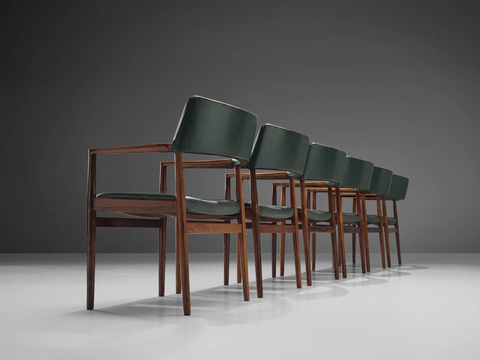 Mid-Century Modern Set of 6 rosewood Bondo Gravesen armchairs, in original green leather, Denmark 