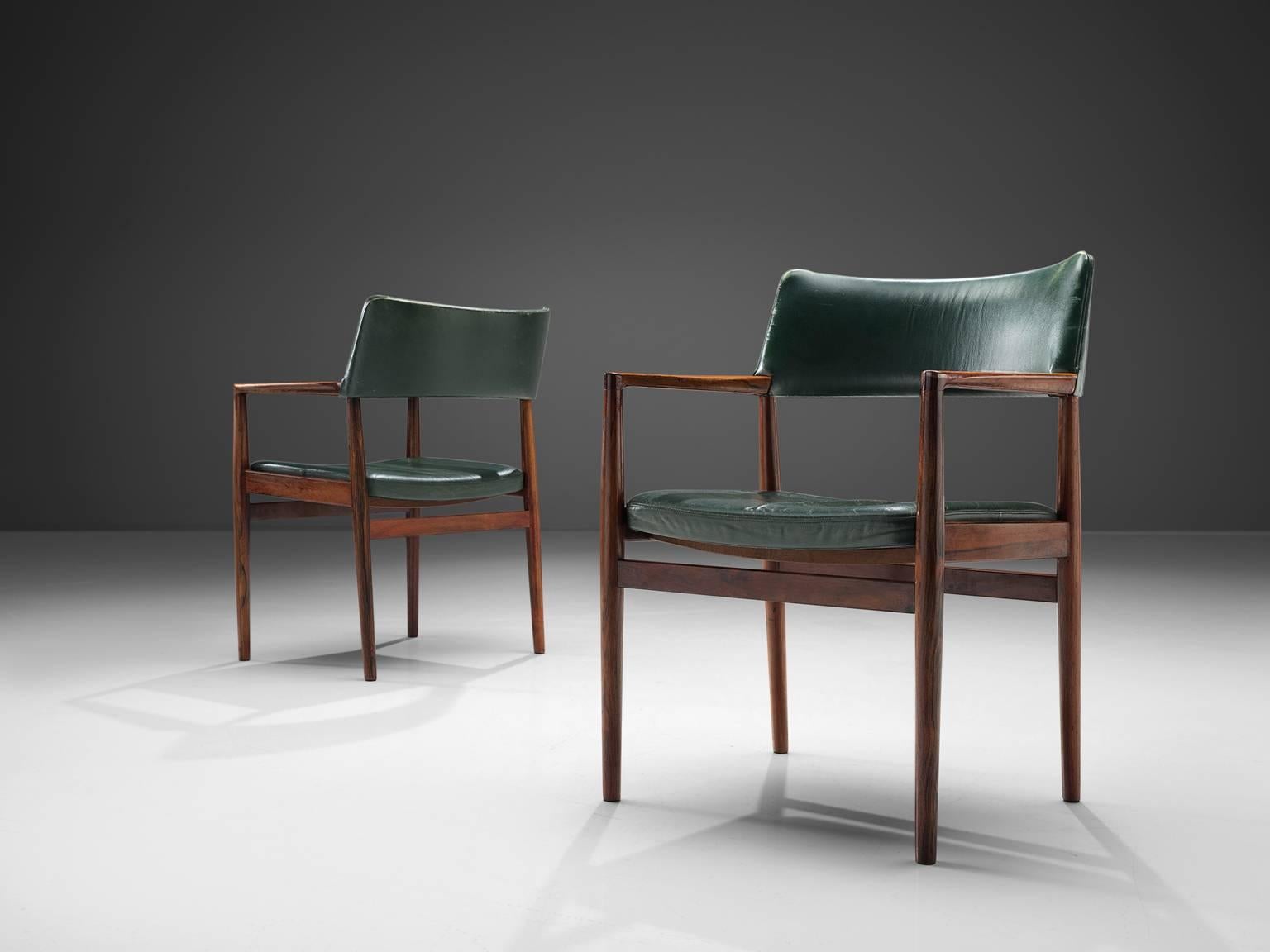 Danish Set of 6 rosewood Bondo Gravesen armchairs, in original green leather, Denmark 