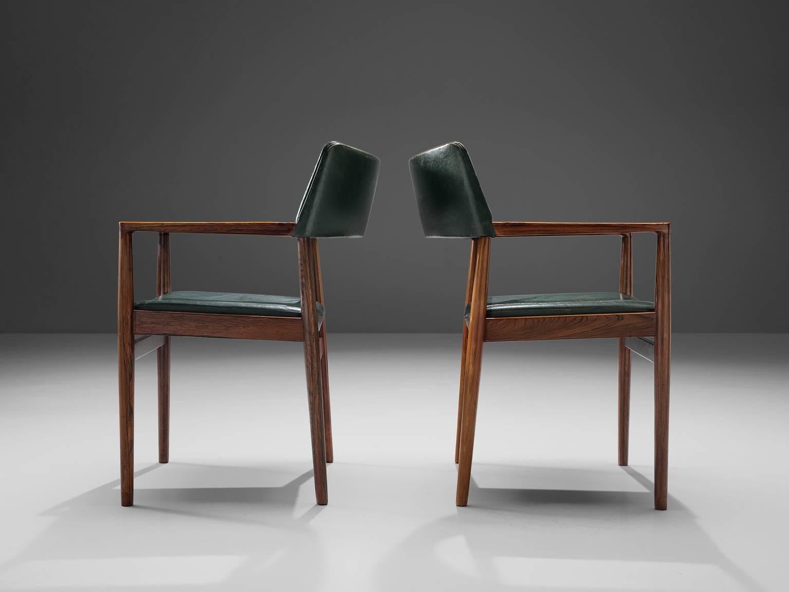 Set of 6 rosewood Bondo Gravesen armchairs, in original green leather, Denmark  In Good Condition In Waalwijk, NL