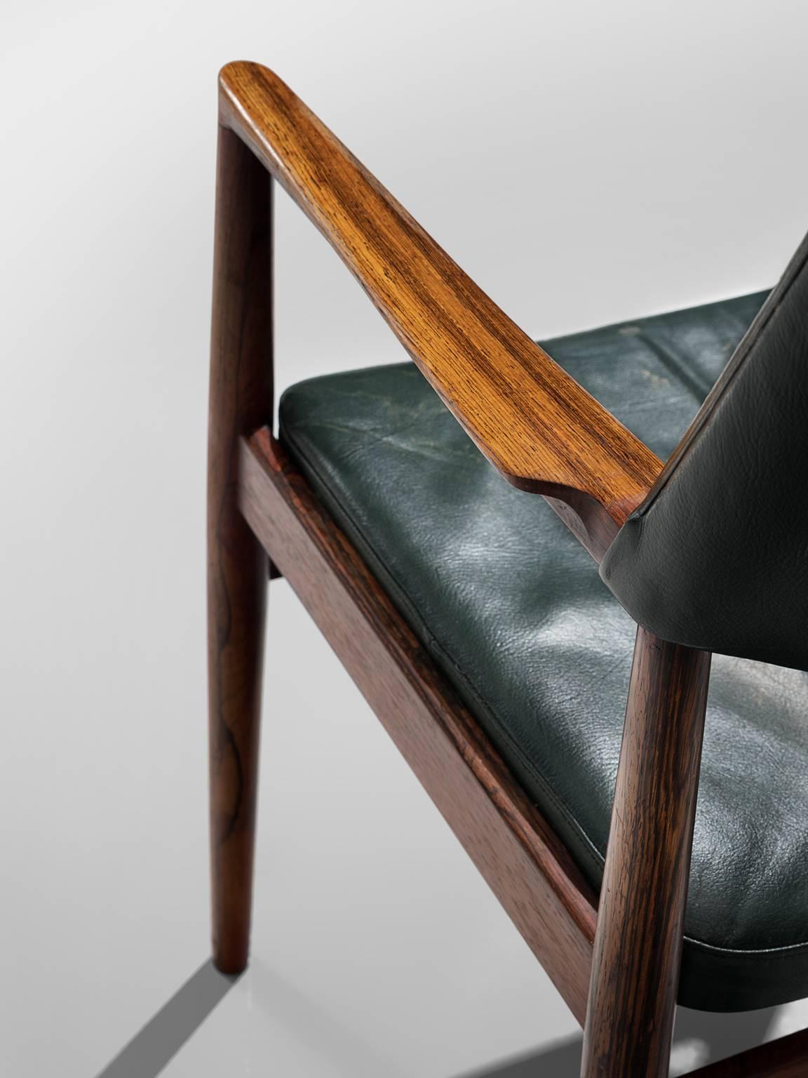 Mid-20th Century Set of 6 rosewood Bondo Gravesen armchairs, in original green leather, Denmark 