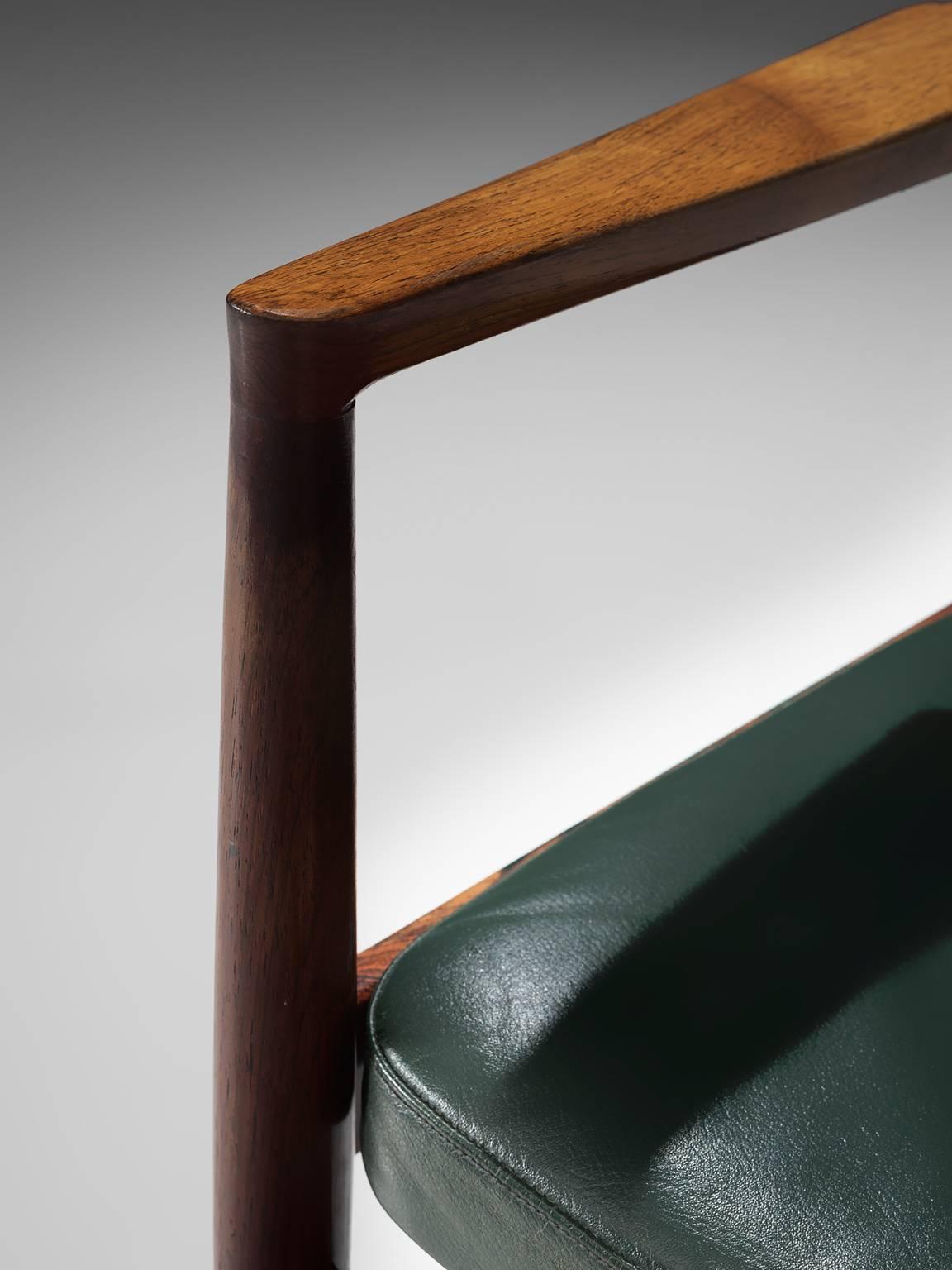 Leather Set of 6 rosewood Bondo Gravesen armchairs, in original green leather, Denmark 