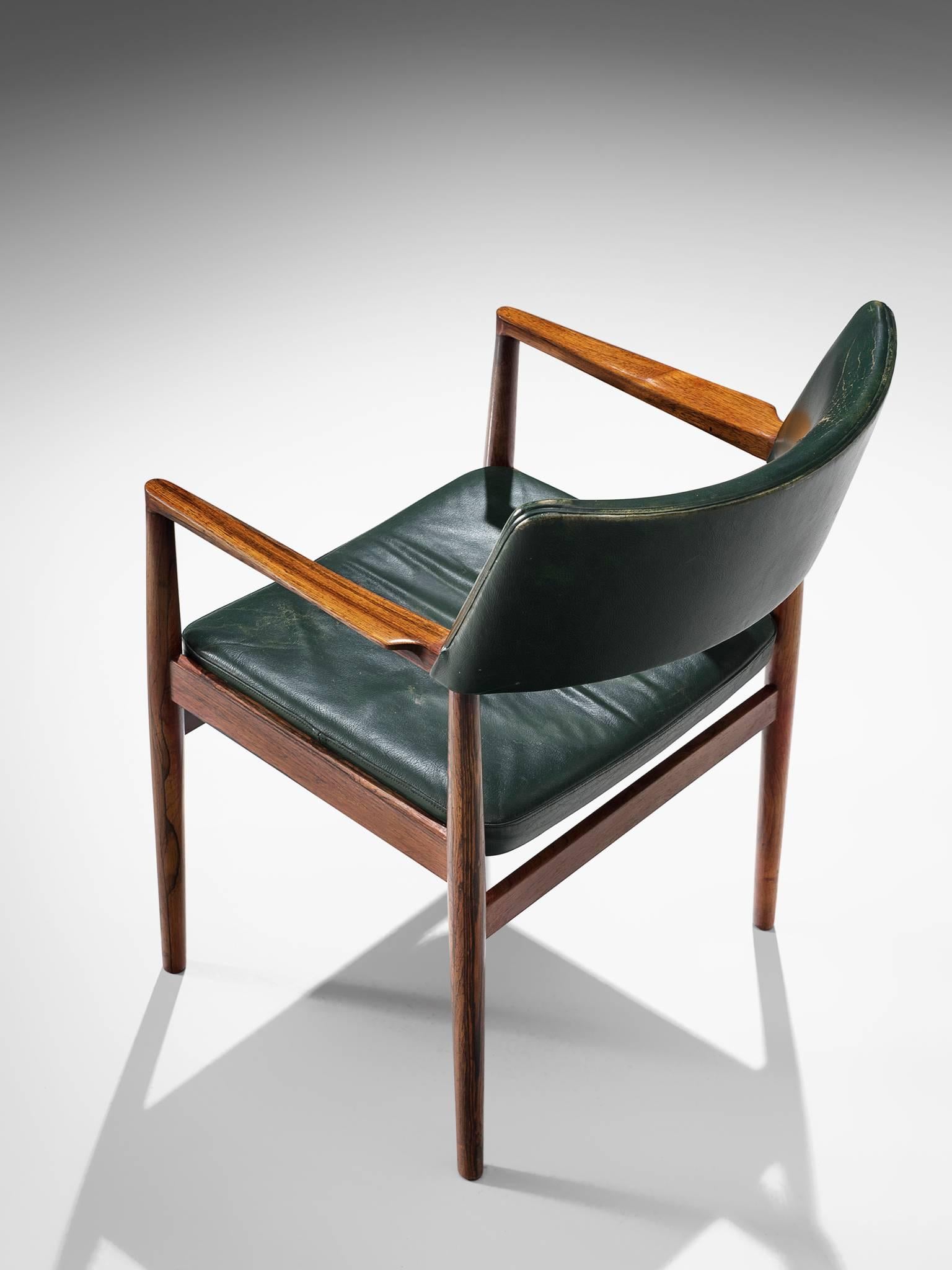 Set of 6 rosewood Bondo Gravesen armchairs, in original green leather, Denmark  1