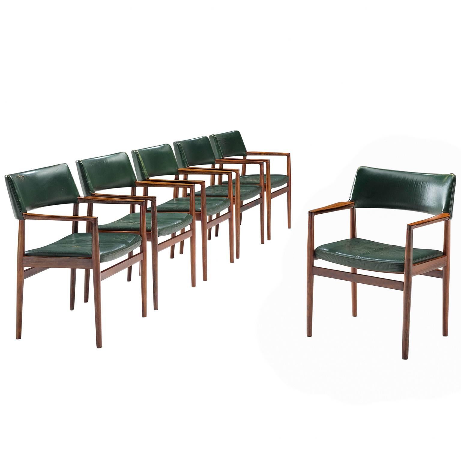 Set of 6 rosewood Bondo Gravesen armchairs, in original green leather, Denmark 