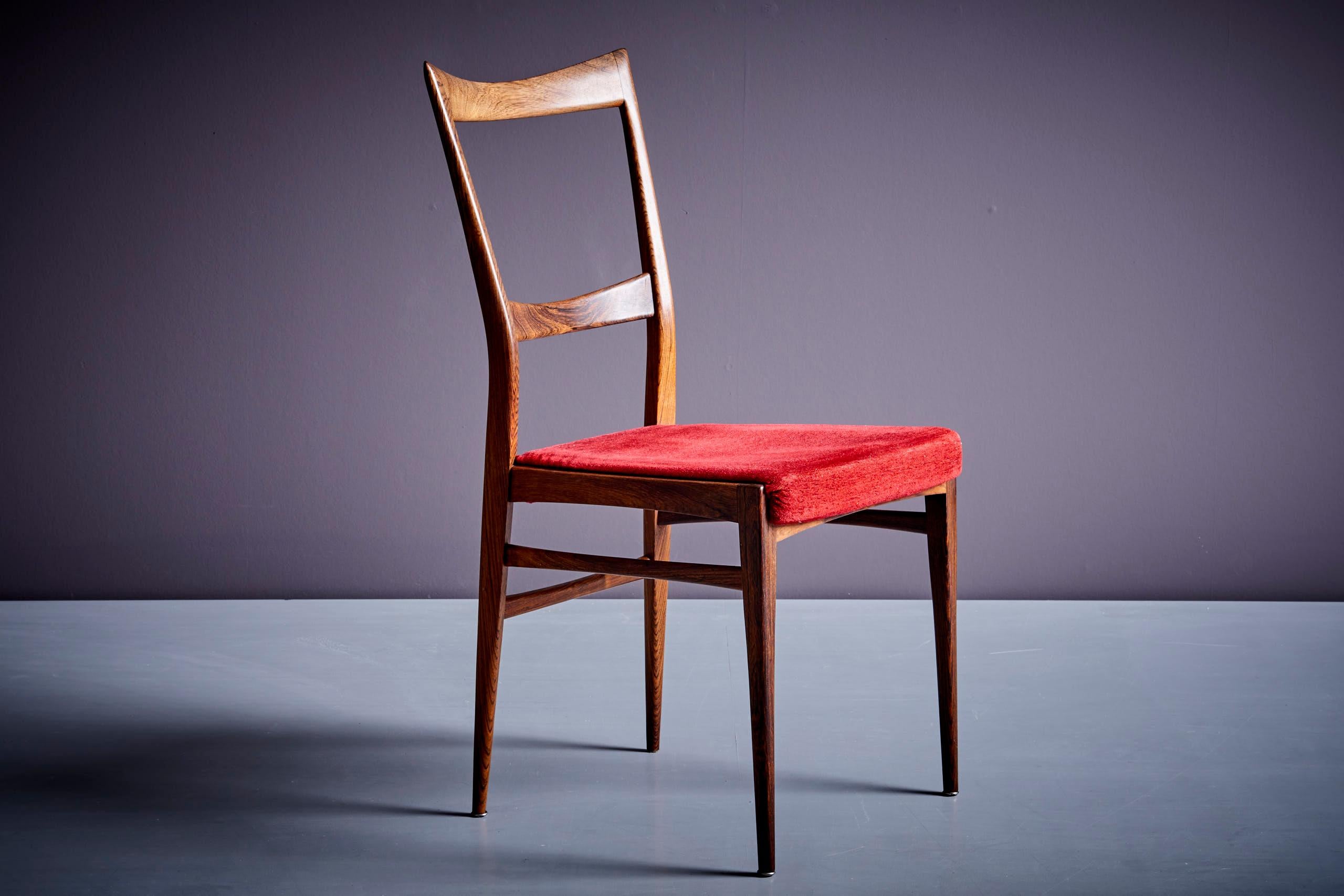 Italian Set of 6 Rosewood Dining Chairs in the manner of Ico Parisi with red upholstery For Sale