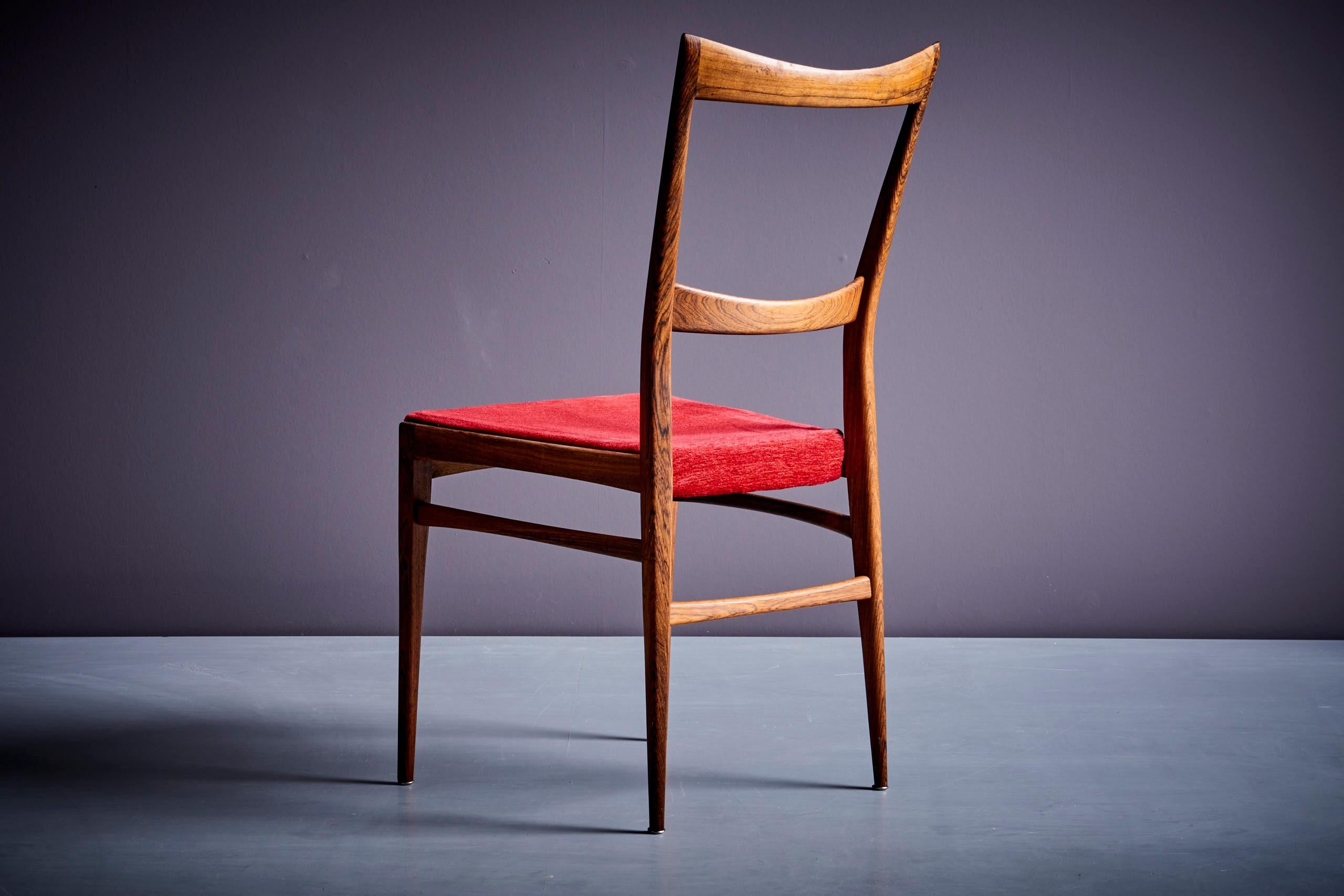 Mid-20th Century Set of 6 Rosewood Dining Chairs in the manner of Ico Parisi with red upholstery For Sale