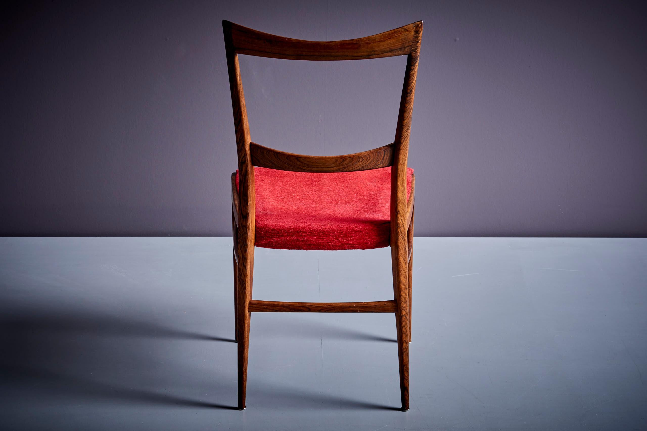 Fabric Set of 6 Rosewood Dining Chairs in the manner of Ico Parisi with red upholstery For Sale