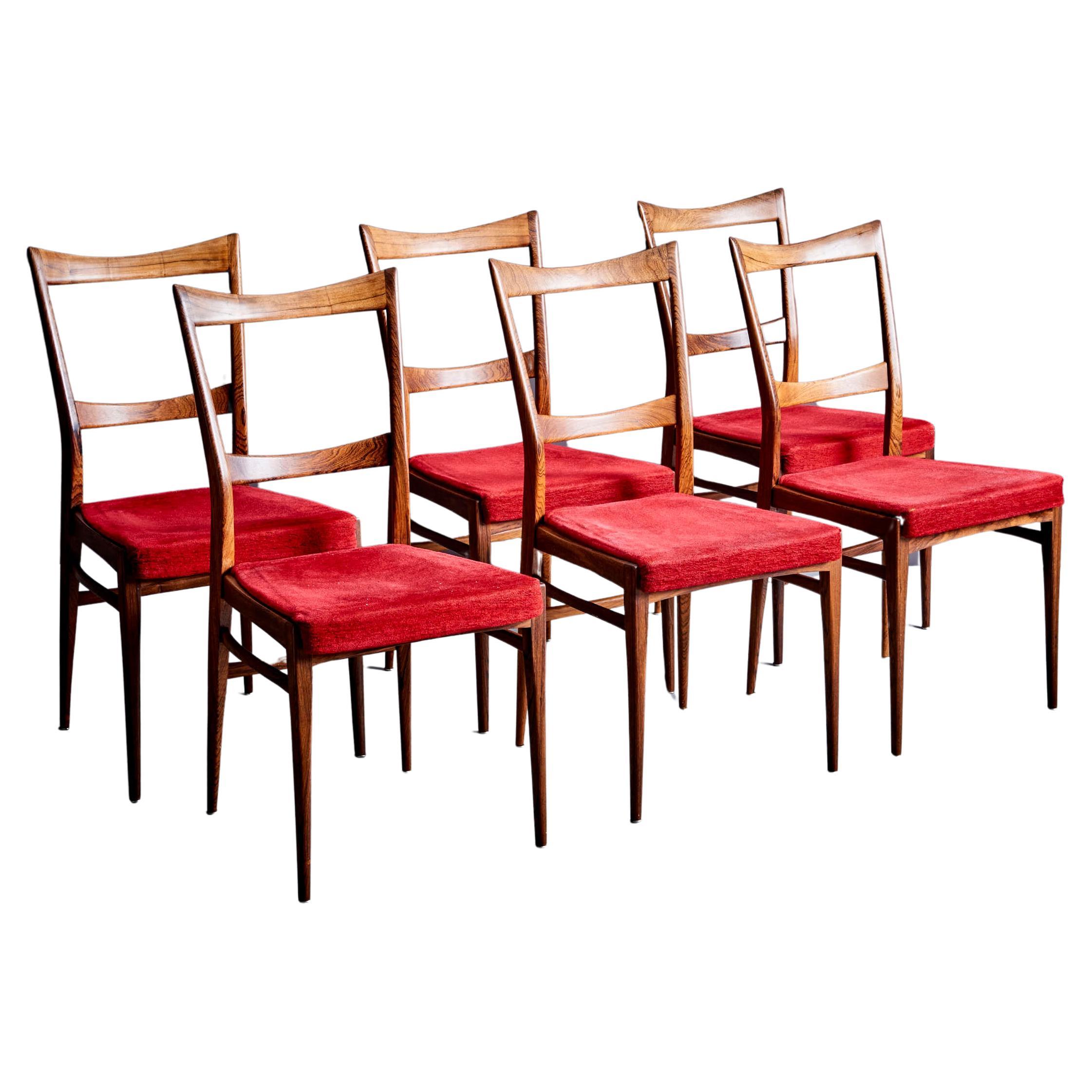 Set of 6 Rosewood Dining Chairs in the manner of Ico Parisi with red upholstery  For Sale