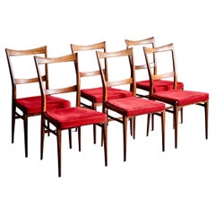 Ensemble de 6 chaises de salle à manger en bois de rose à la manière d'Ico Parisi avec tapisserie rouge 