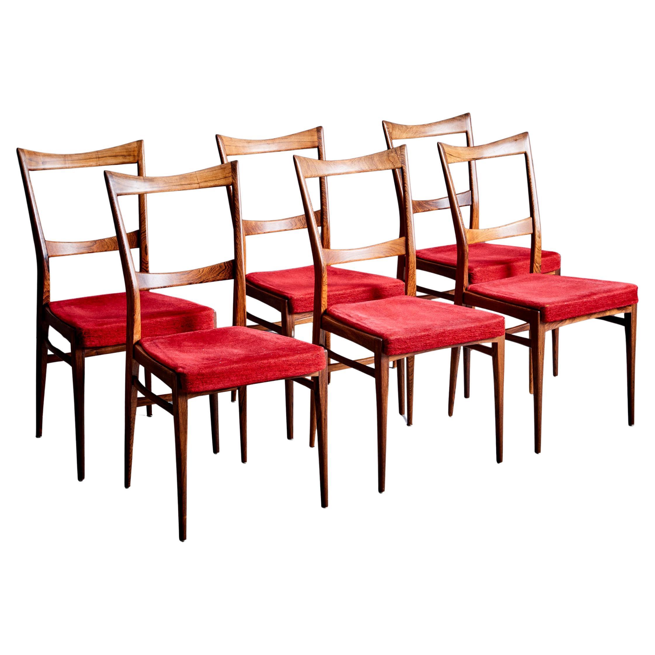 Set of 6 Rosewood Dining Chairs in the manner of Ico Parisi with red upholstery For Sale